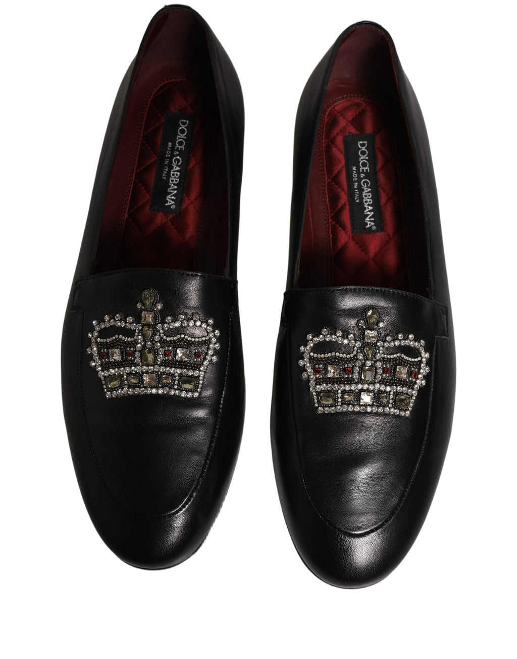 Dolce & Gabbana Black Leather Crown Embellished Loafers Shoes