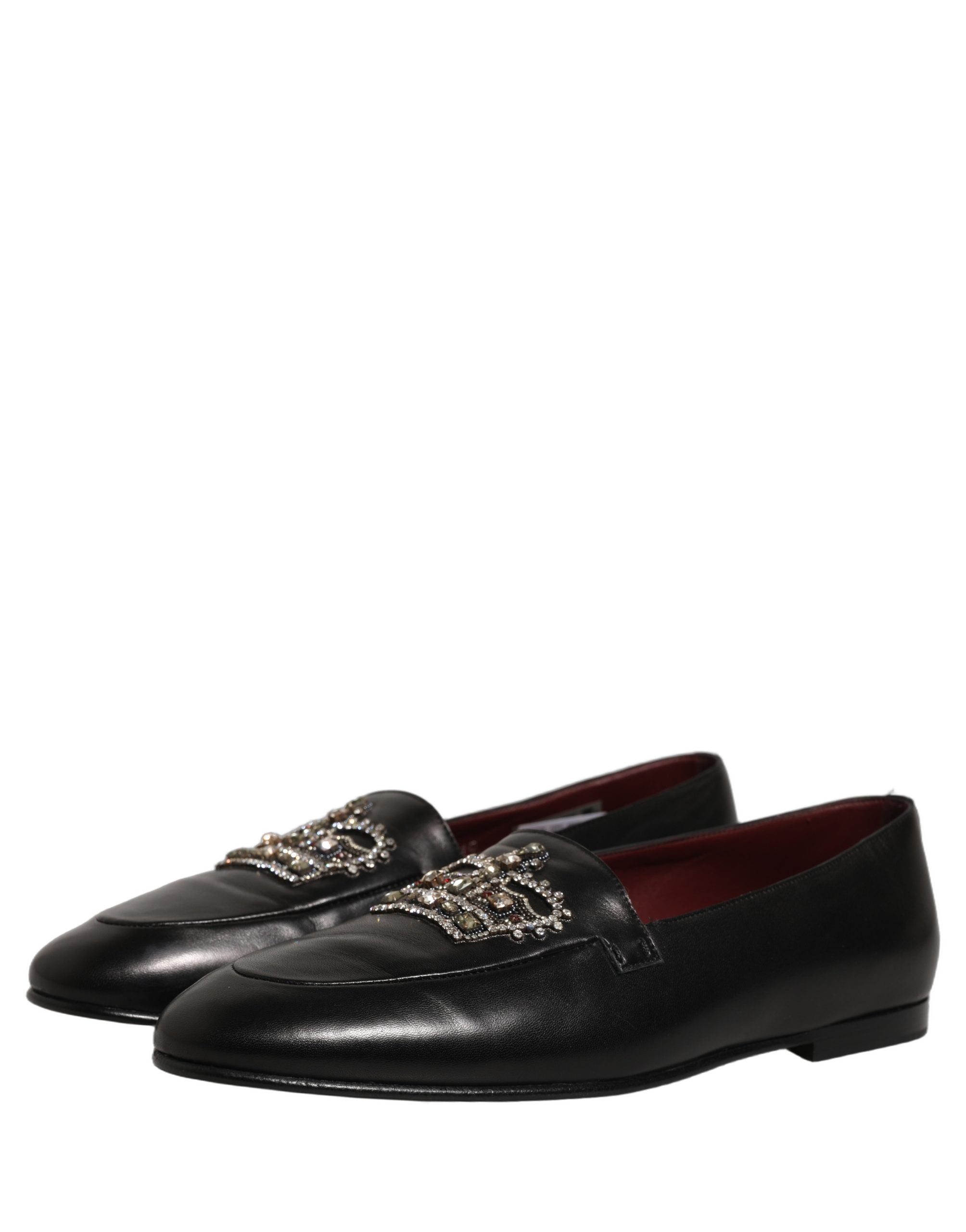 Dolce & Gabbana Black Leather Crown Embellished Loafers Shoes
