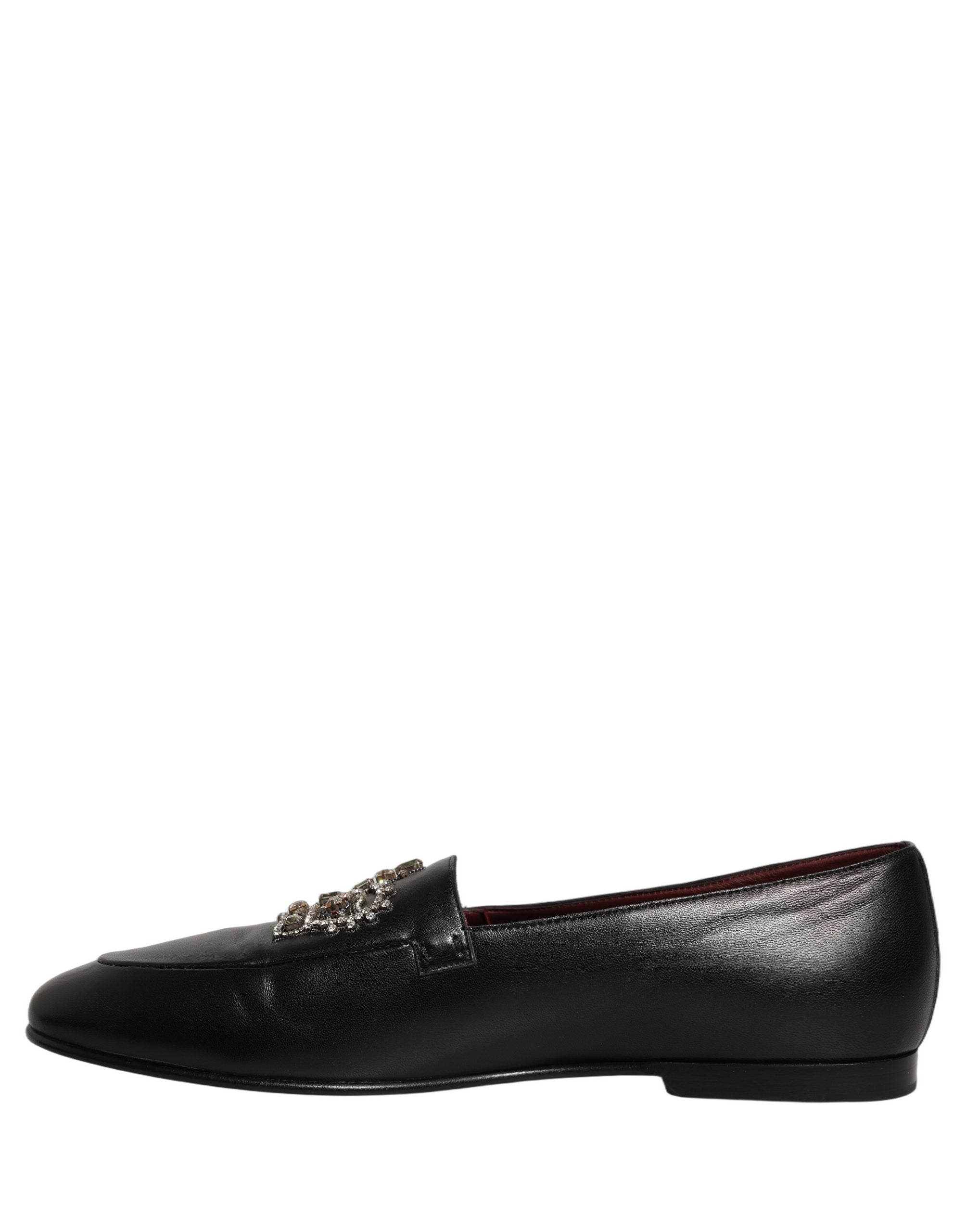Dolce & Gabbana Black Leather Crown Embellished Loafers Shoes