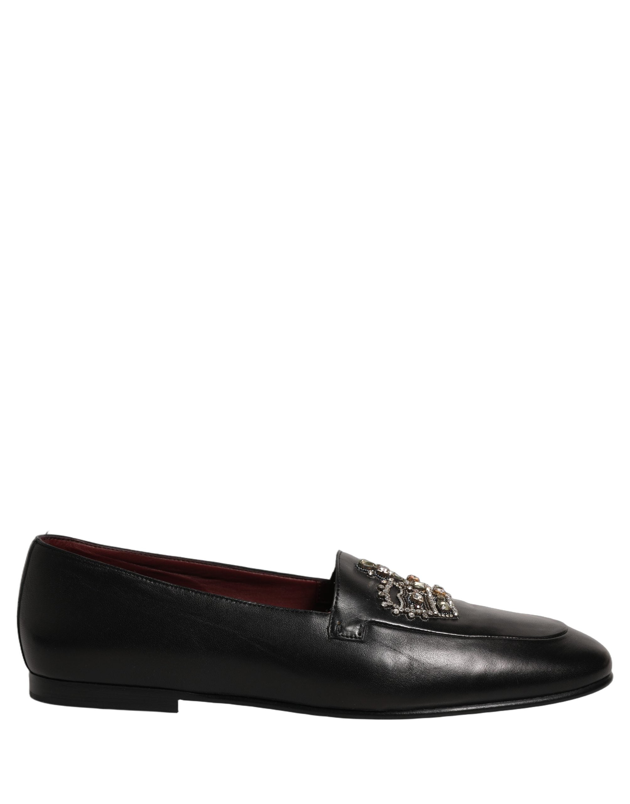 Dolce & Gabbana Black Leather Crown Embellished Loafers Shoes
