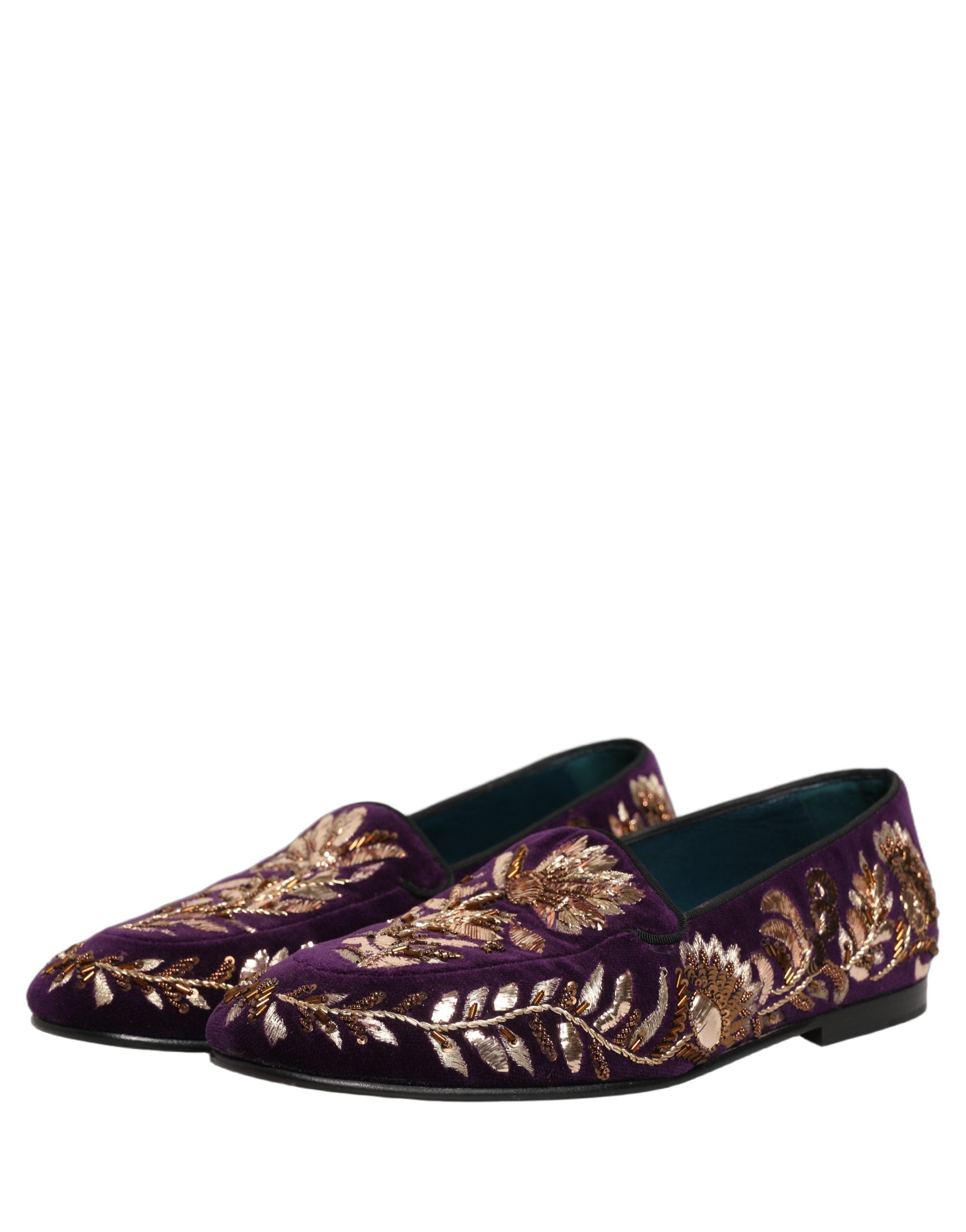 Dolce & Gabbana Violet Velvet Floral Embroidery Loafers Shoes