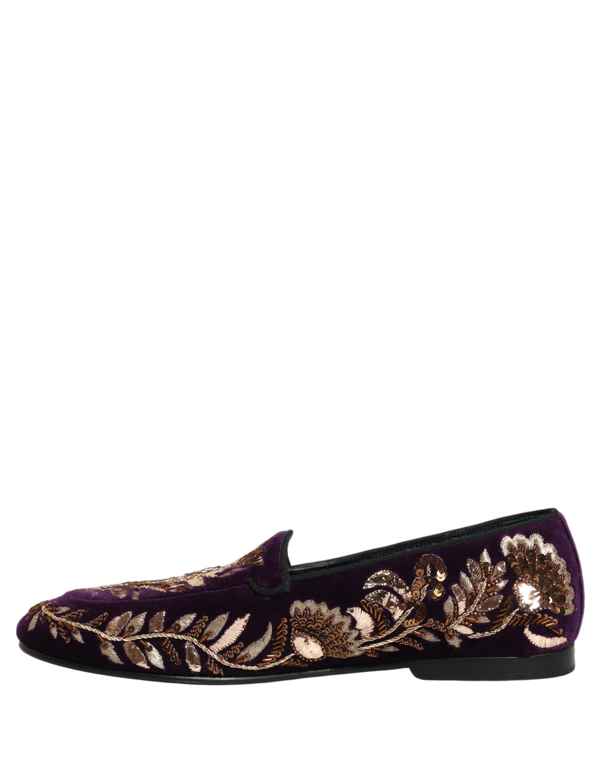 Dolce & Gabbana Violet Velvet Floral Embroidery Loafers Shoes