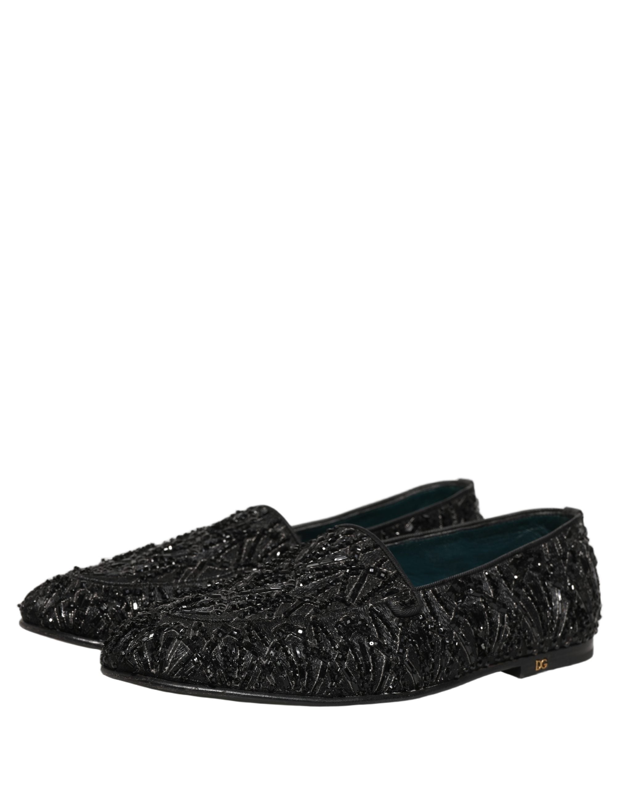 Dolce & Gabbana Black Velvet Embroidered Dress Loafers Shoes