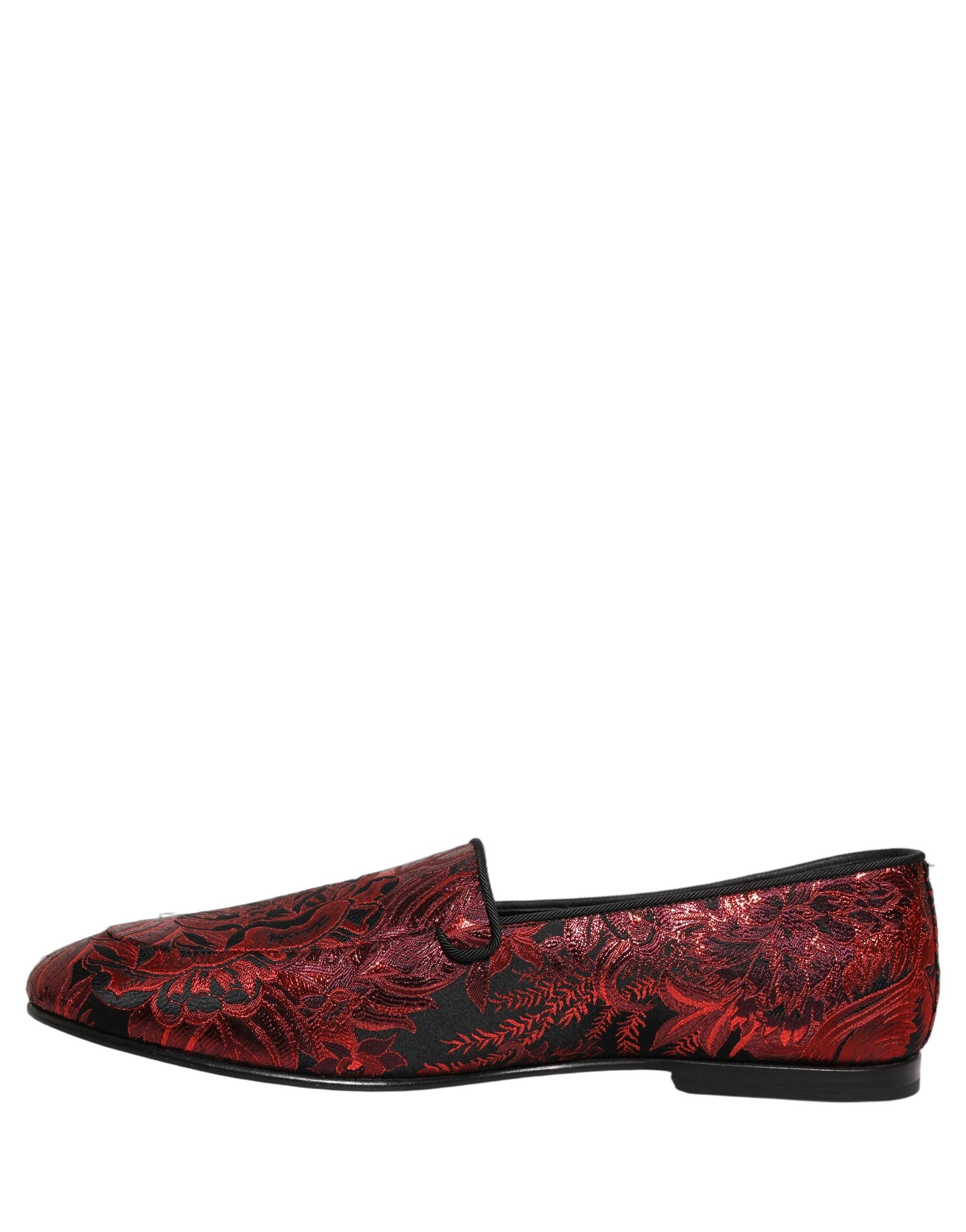 Dolce & Gabbana Red Floral Jacquard Slip On Loafers Shoes