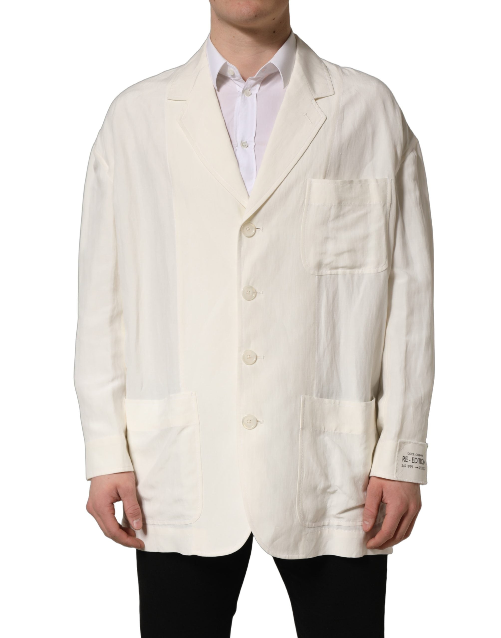 Dolce & Gabbana Off White Flax Single Breasted Blazer Jacket