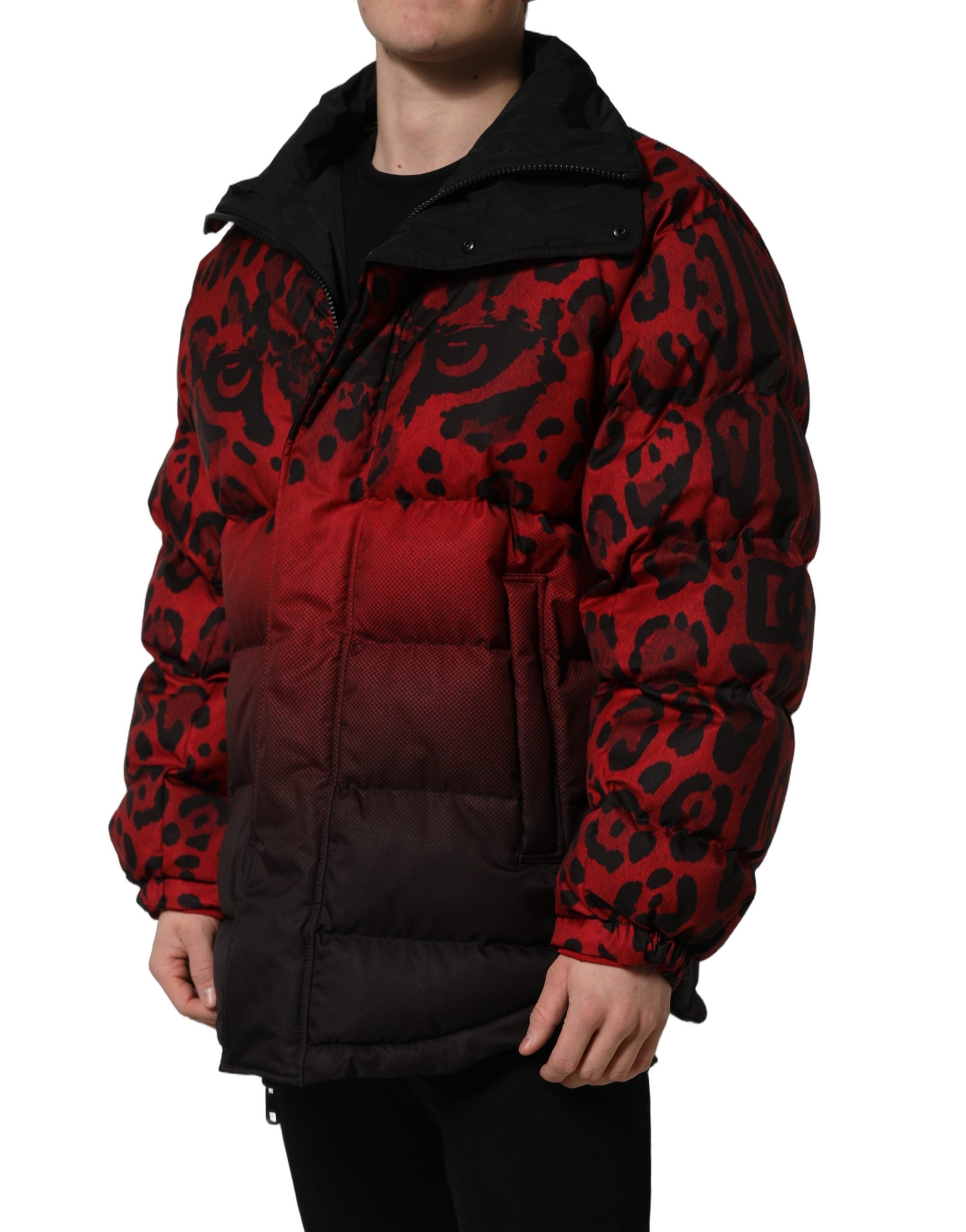 Dolce & Gabbana Red Black Reversible Animal Print Puffer Coat Jacket