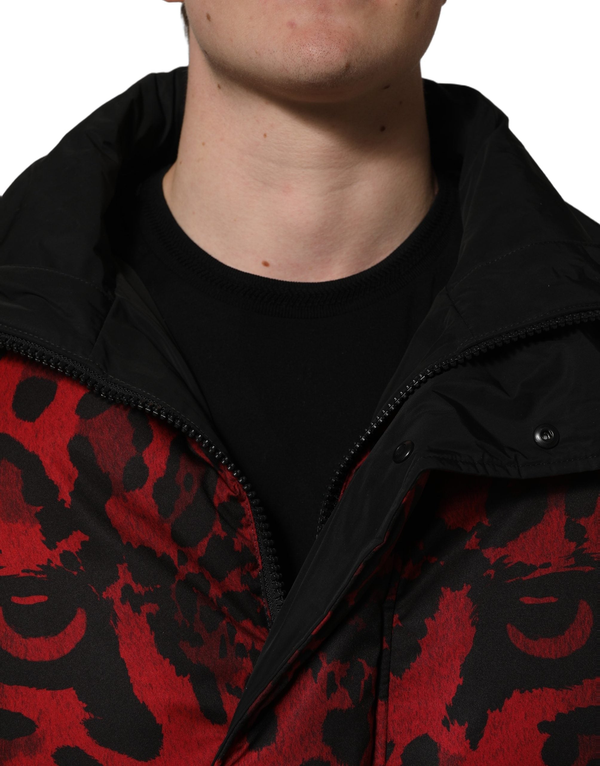Dolce & Gabbana Red Black Reversible Animal Print Puffer Coat Jacket