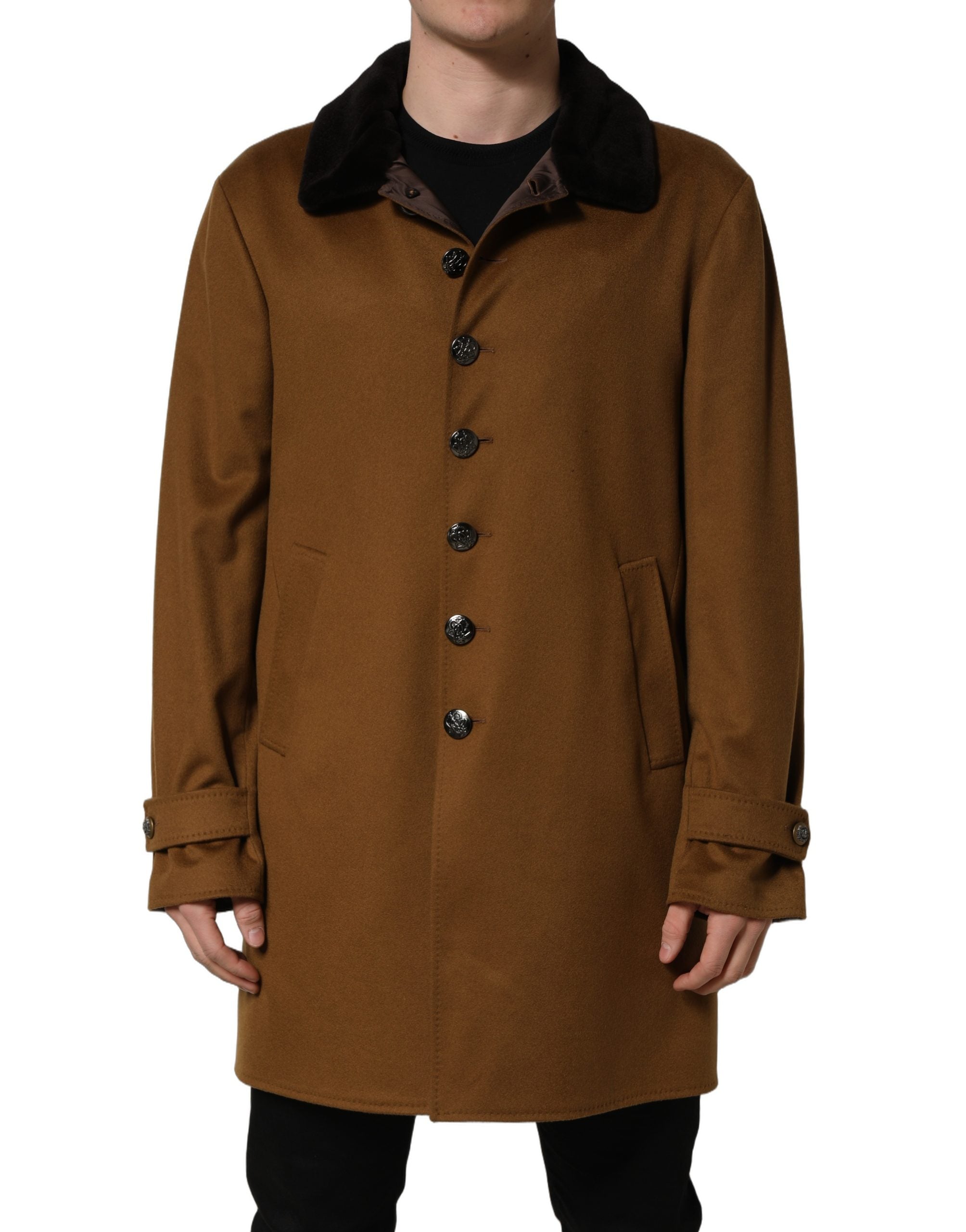 Dolce & Gabbana Brown Cashmere Mink Fur Men Overcoat Jacket