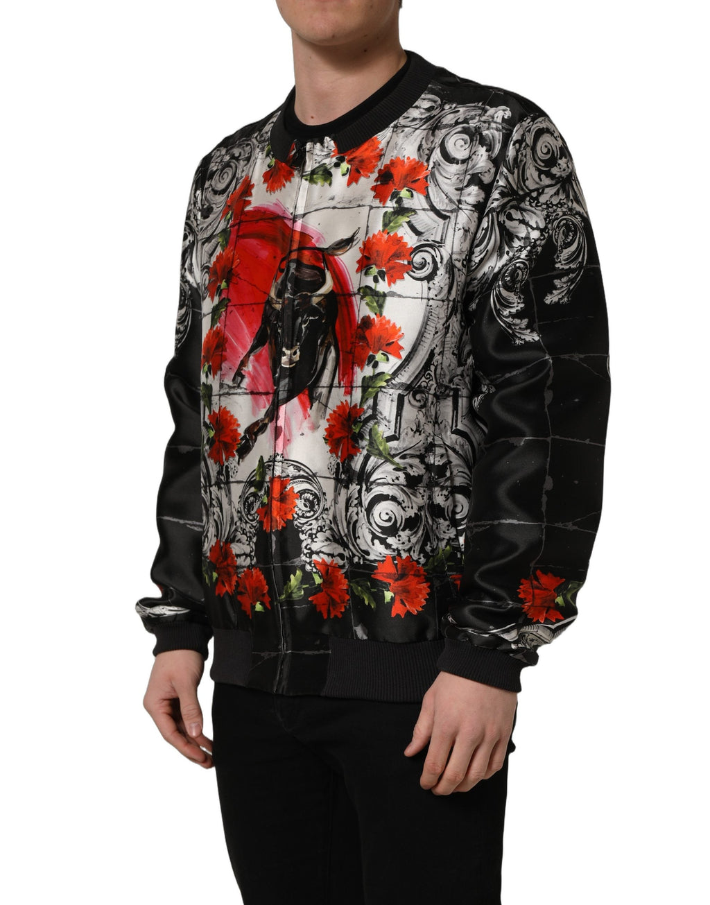Dolce & Gabbana Multicolor Majolica Bull Print Bomber Jacket