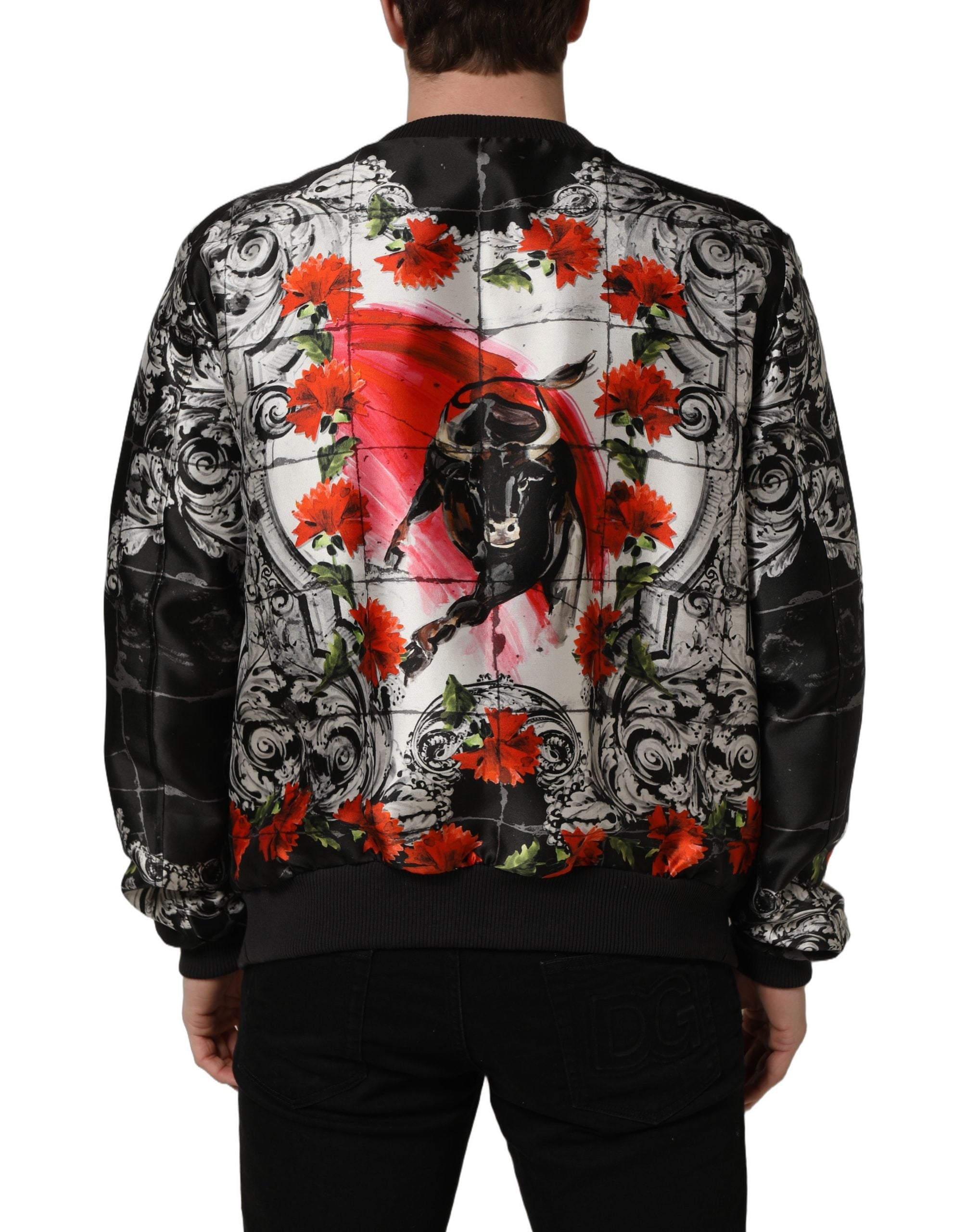 Dolce & Gabbana Multicolor Majolica Bull Print Bomber Jacket