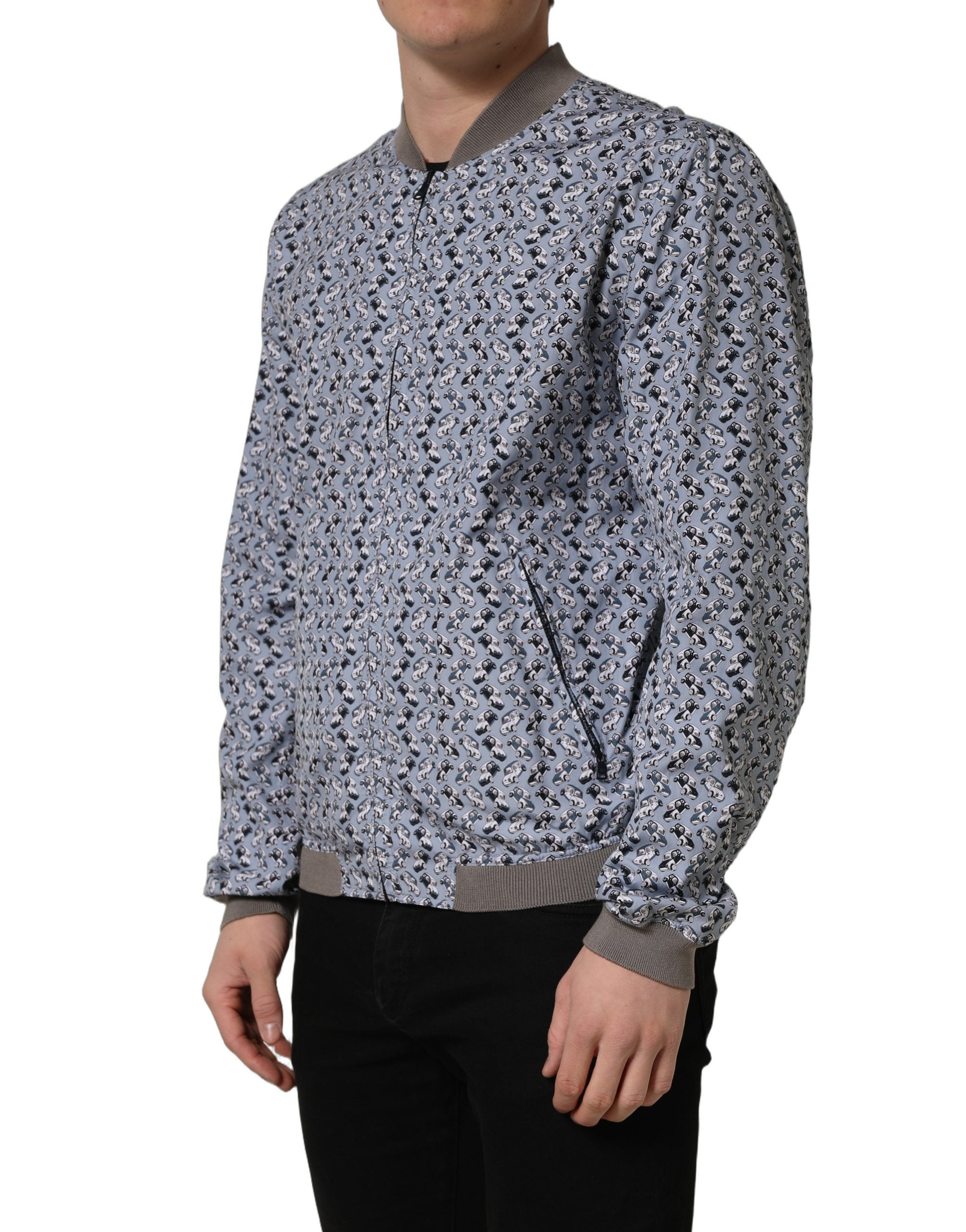 Dolce & Gabbana Light Blue Cotton Car Print Bomber Jacket