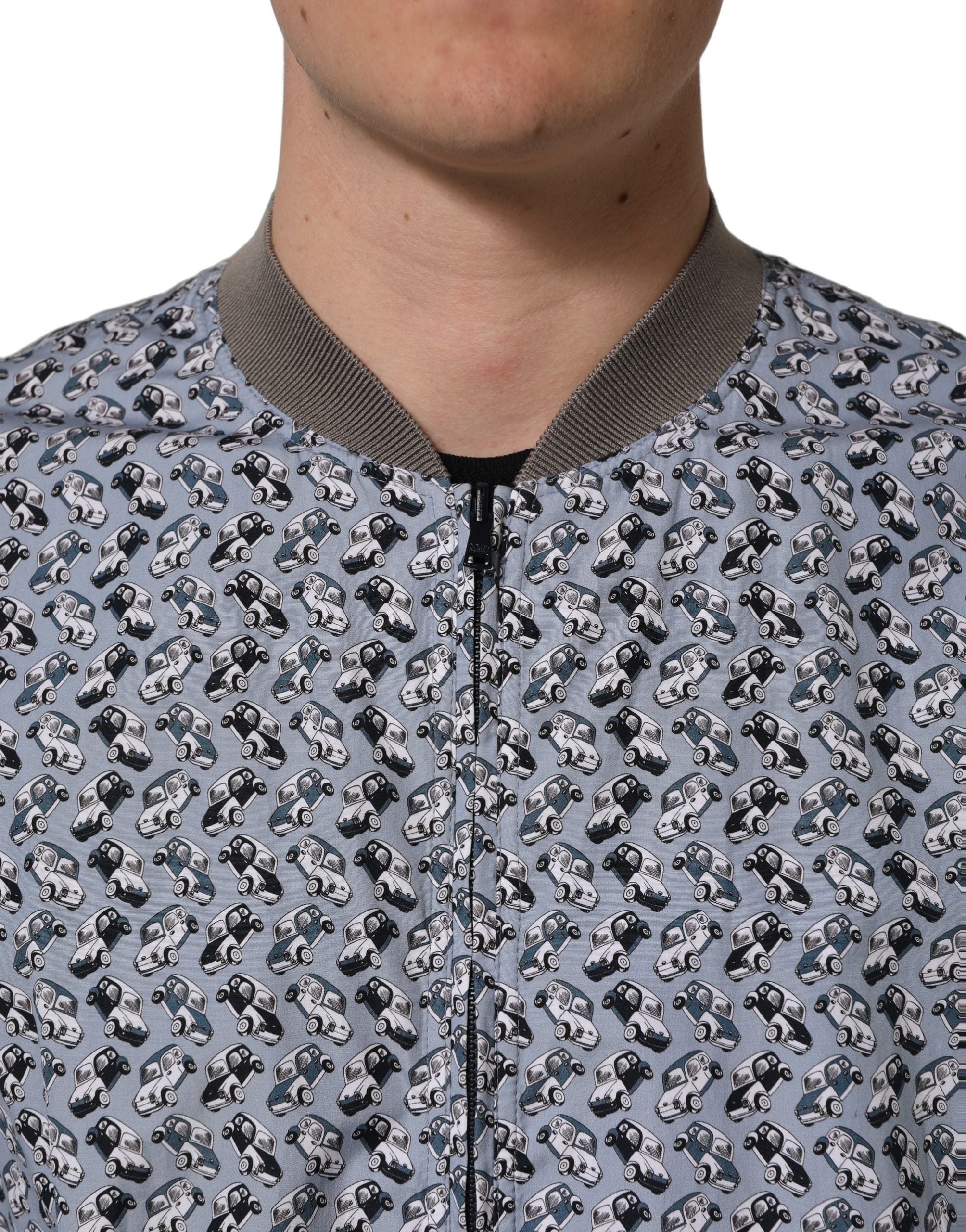 Dolce & Gabbana Light Blue Cotton Car Print Bomber Jacket