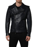 Dolce & Gabbana Black Leather Men Biker Coat Goatskin Jacket