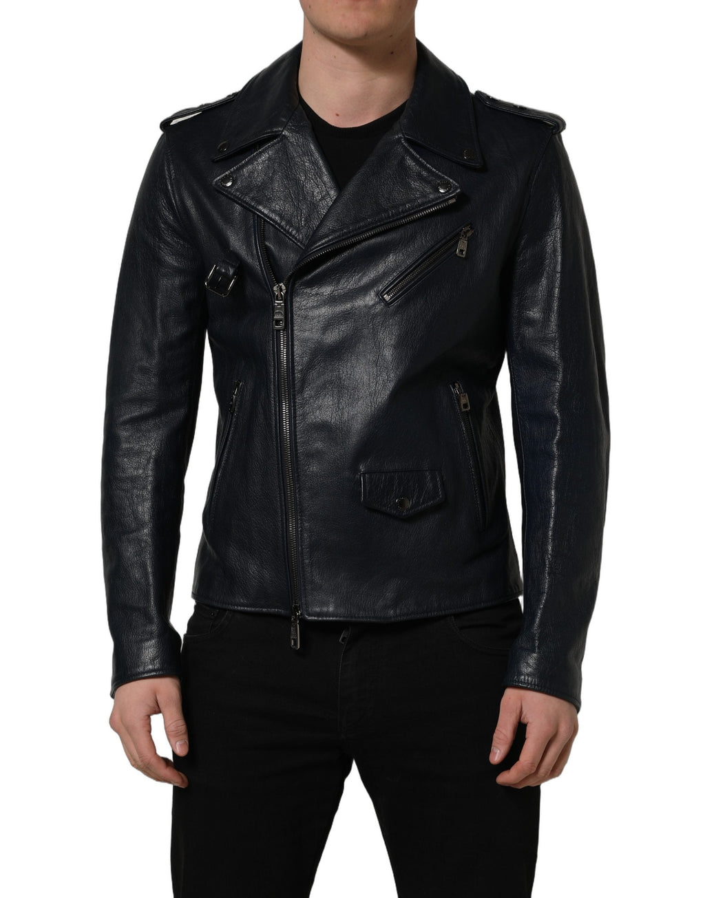 Dolce & Gabbana Black Leather Men Biker Coat Goatskin Jacket