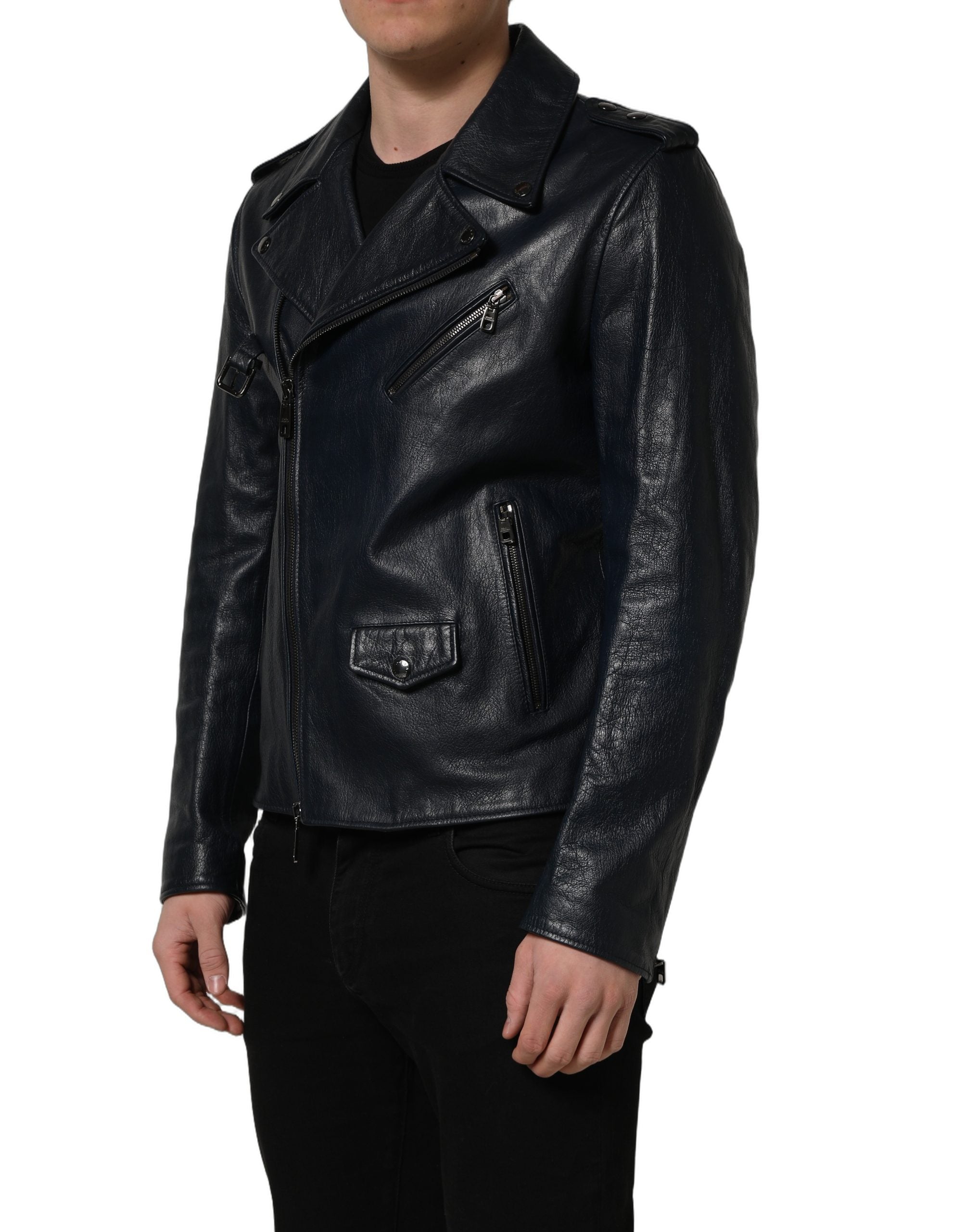 Dolce & Gabbana Black Leather Men Biker Coat Goatskin Jacket