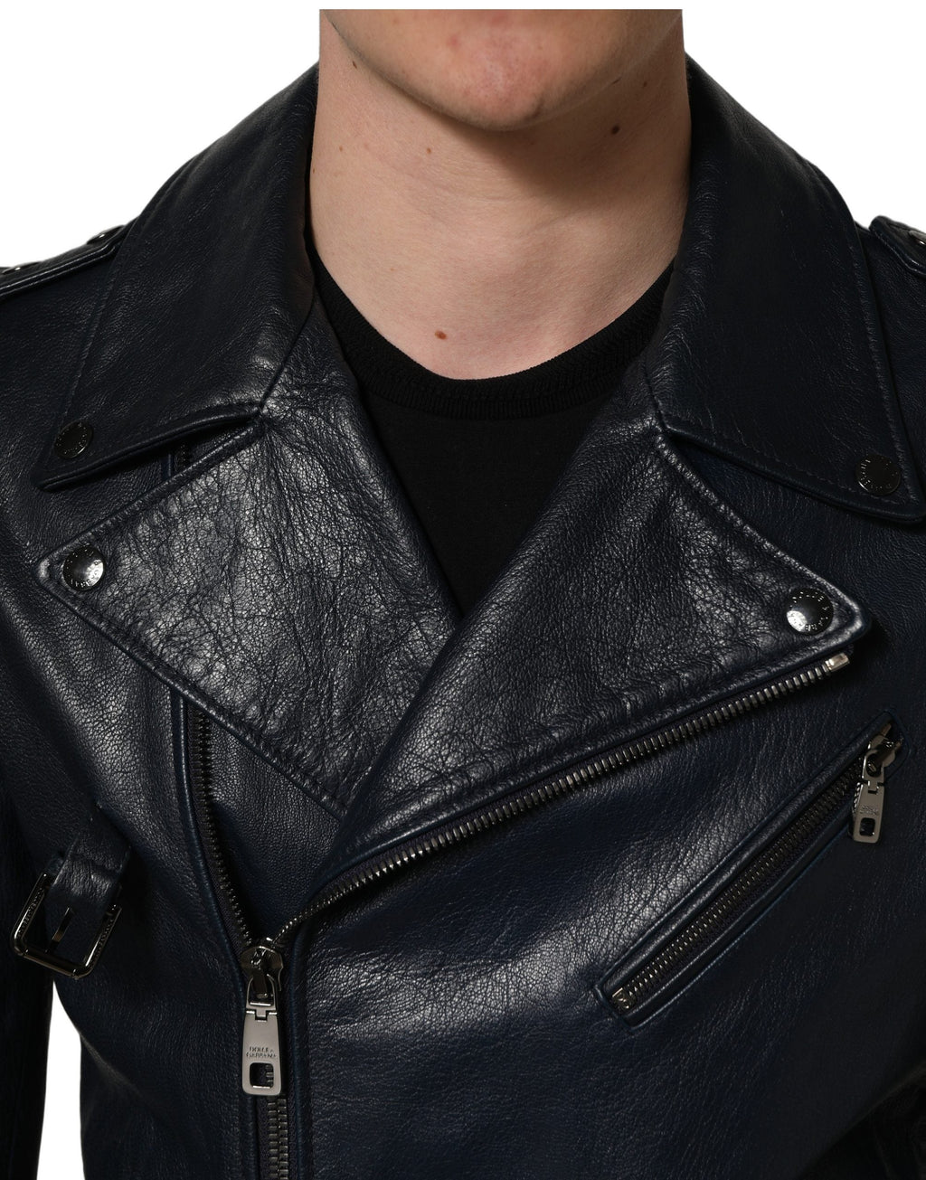 Dolce & Gabbana Black Leather Men Biker Coat Goatskin Jacket