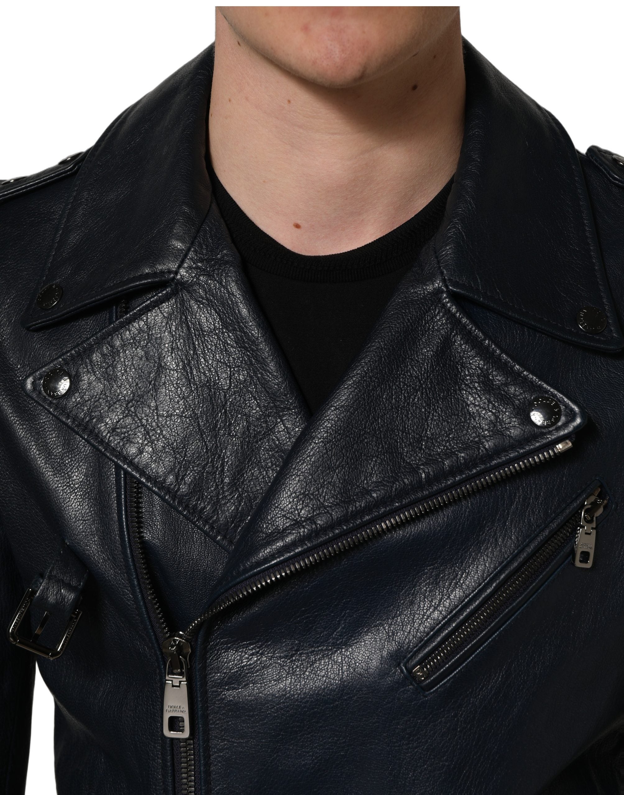 Dolce & Gabbana Black Leather Men Biker Coat Goatskin Jacket
