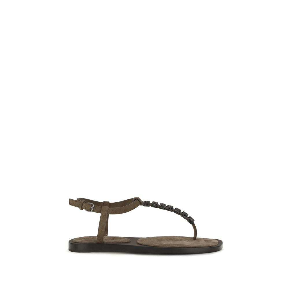 Brunello Cucinelli Brown Calf Leather Bos Taurus Flat Sandals