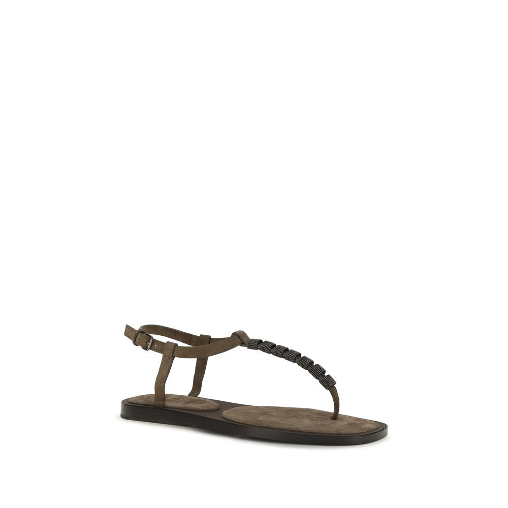 Brunello Cucinelli Brown Calf Leather Bos Taurus Flat Sandals