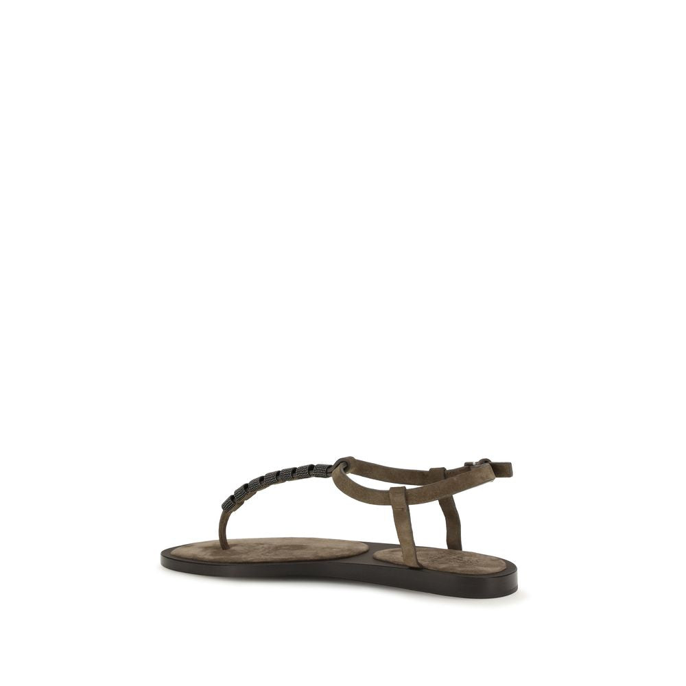 Brunello Cucinelli Brown Calf Leather Bos Taurus Flat Sandals