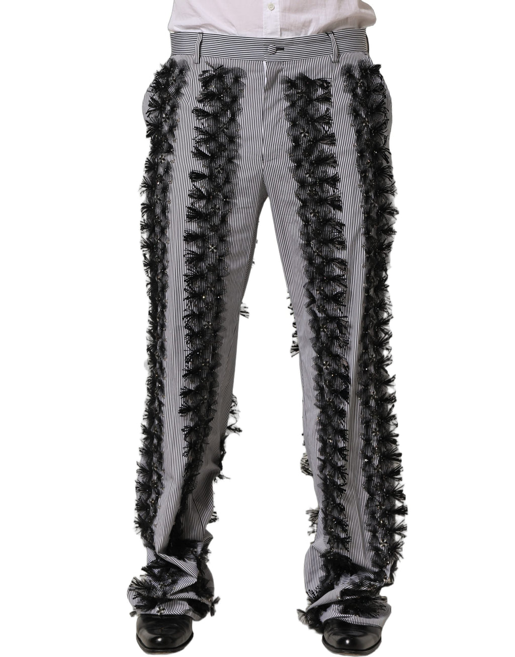 Dolce & Gabbana BlackGray Pinstripe Embellished Trouser Pants