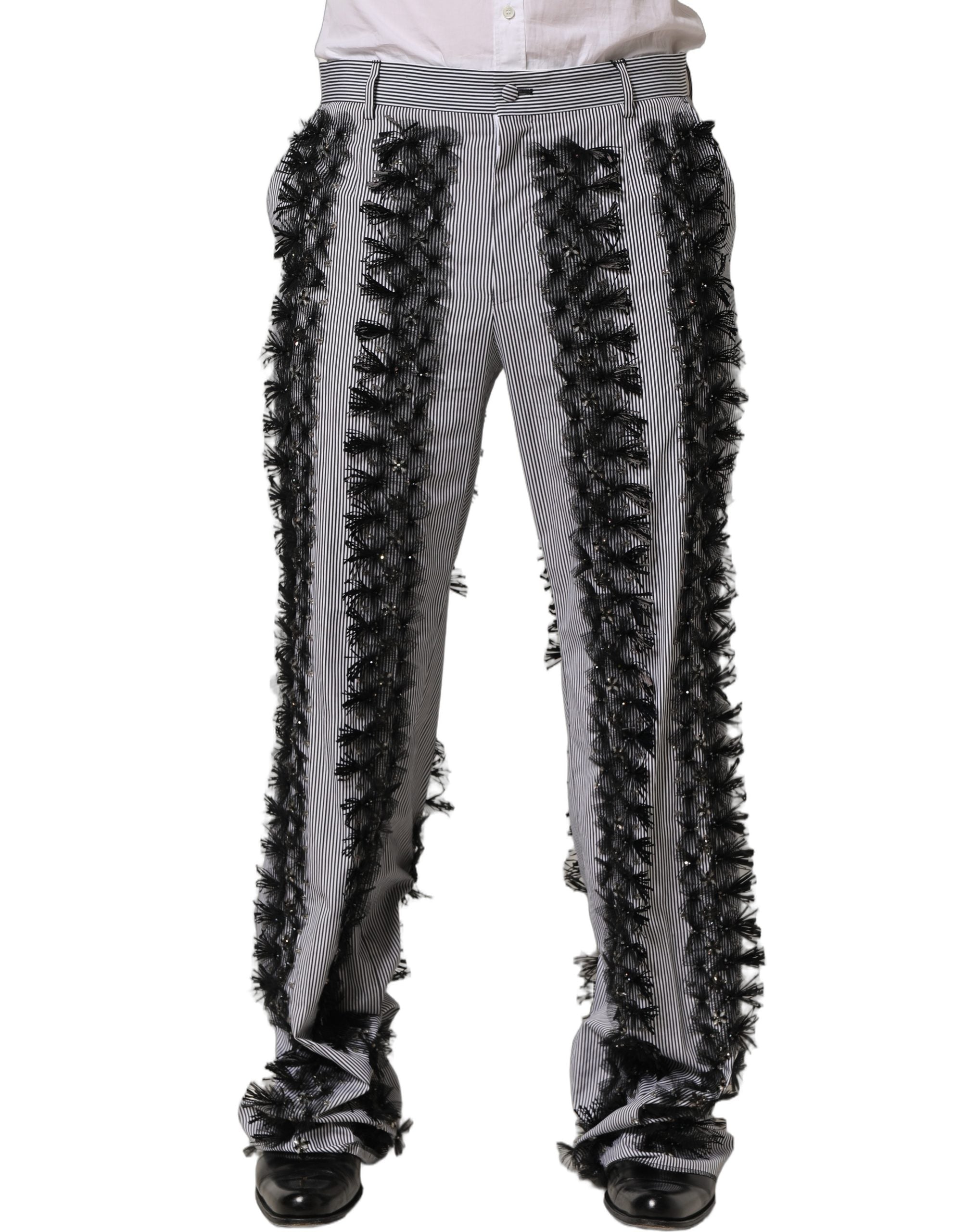 Dolce & Gabbana BlackGray Pinstripe Embellished Trouser Pants