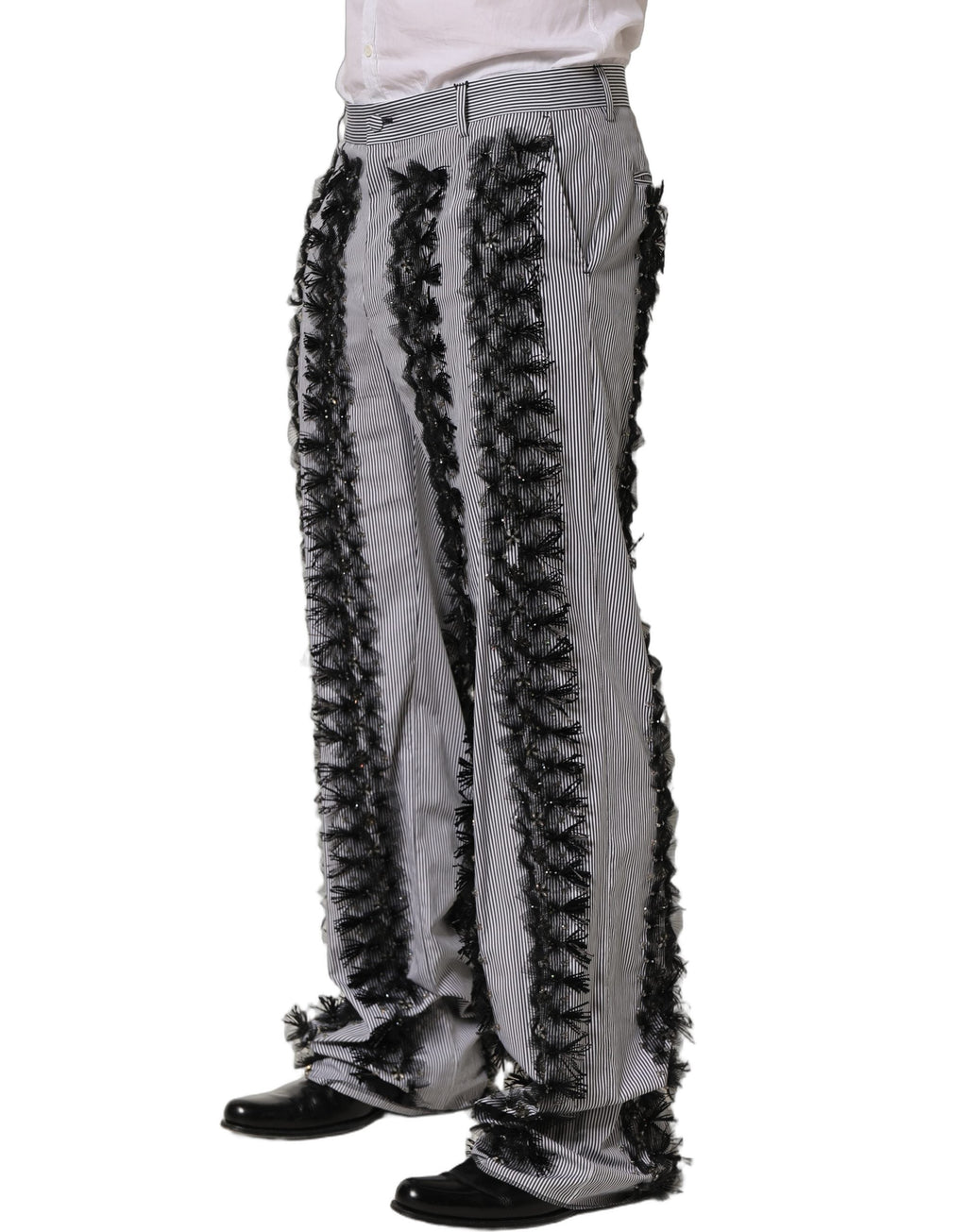 Dolce & Gabbana BlackGray Pinstripe Embellished Trouser Pants