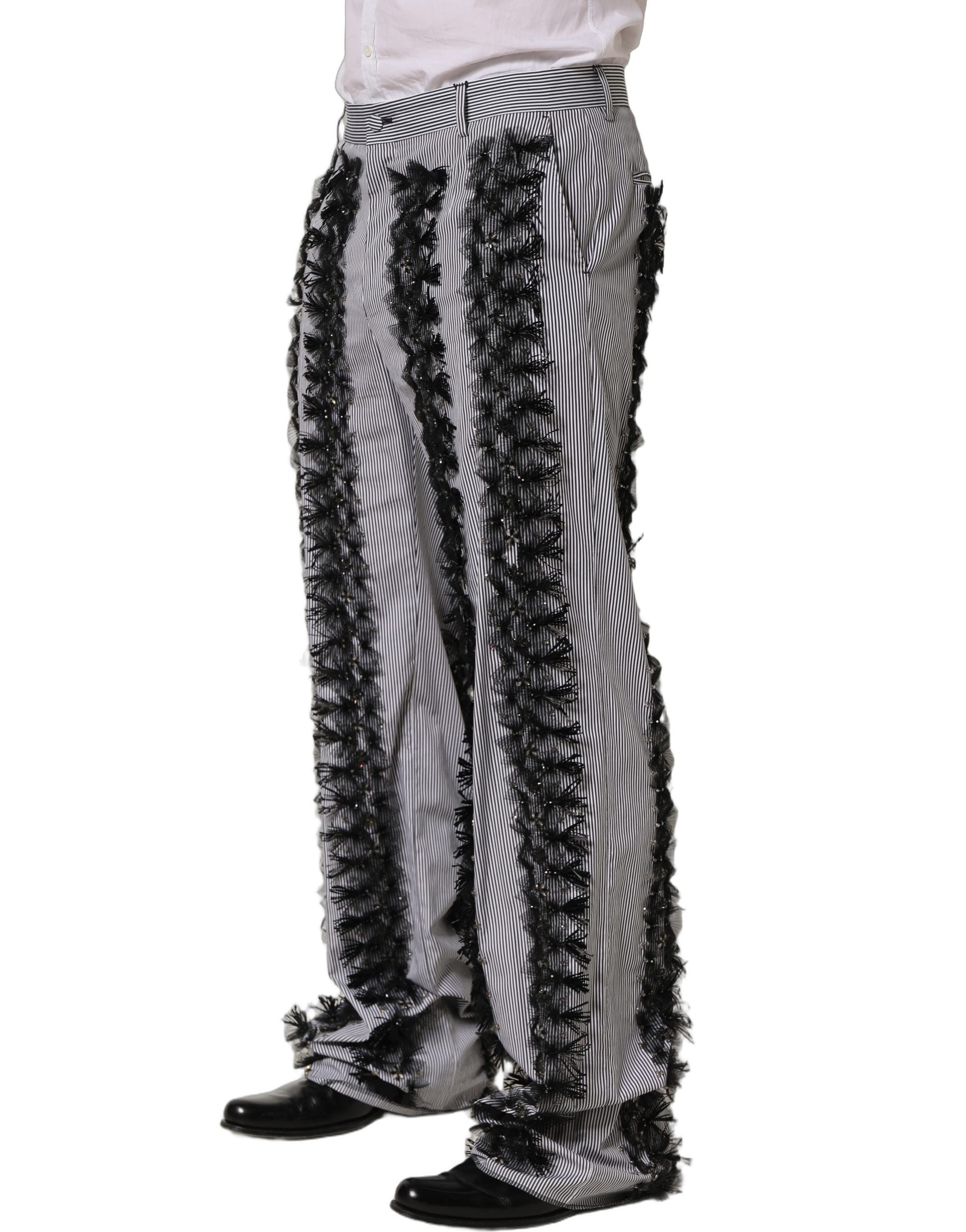 Dolce & Gabbana BlackGray Pinstripe Embellished Trouser Pants