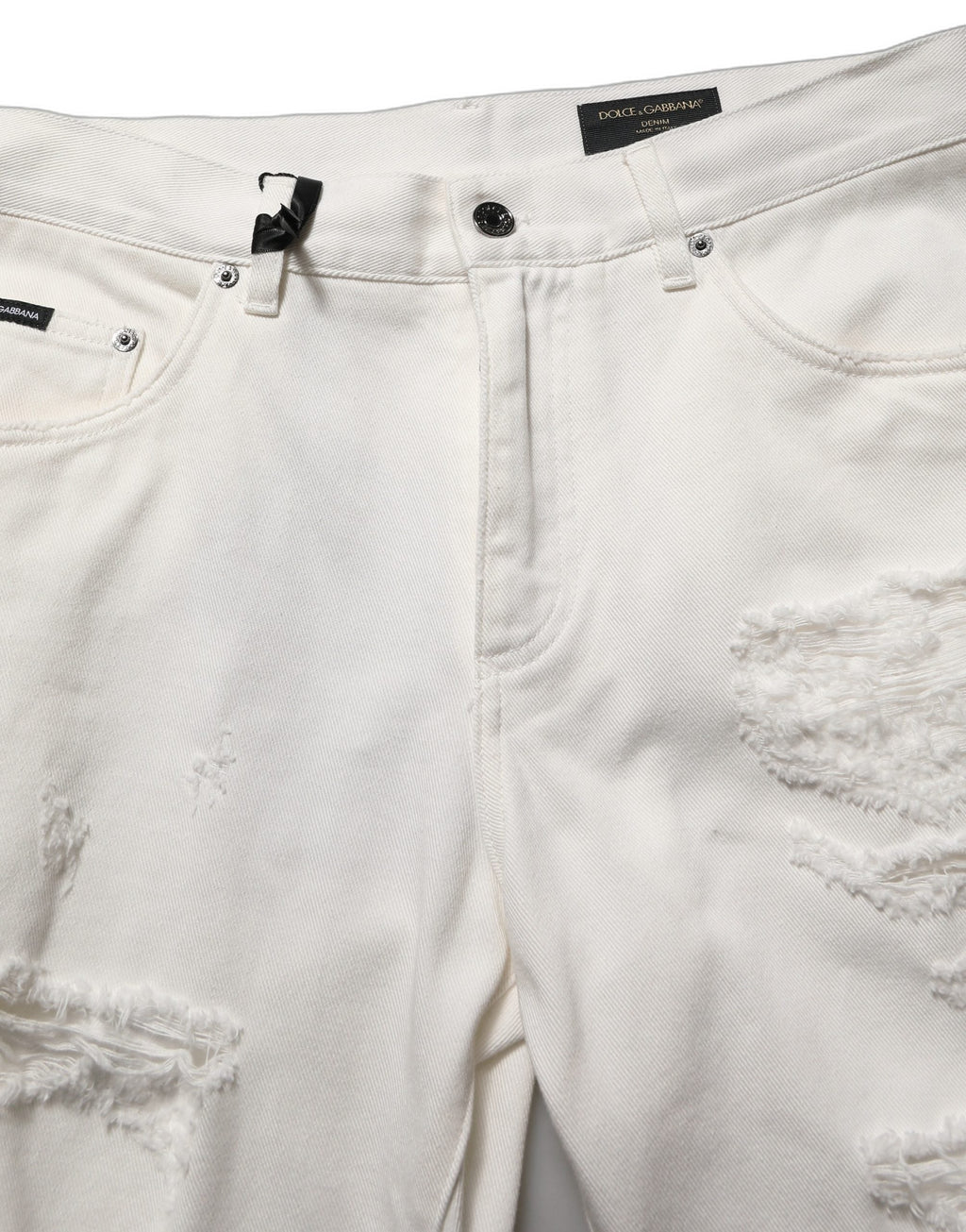 Dolce & Gabbana White Cotton Distressed Straight Denim Jeans