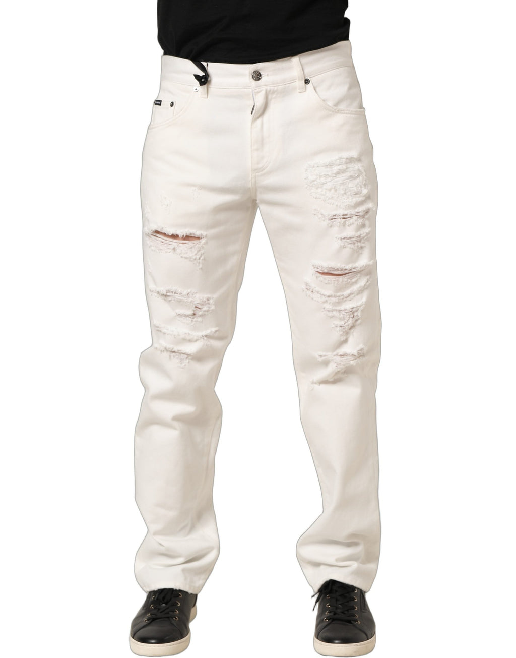 Dolce & Gabbana White Cotton Distressed Straight Denim Jeans