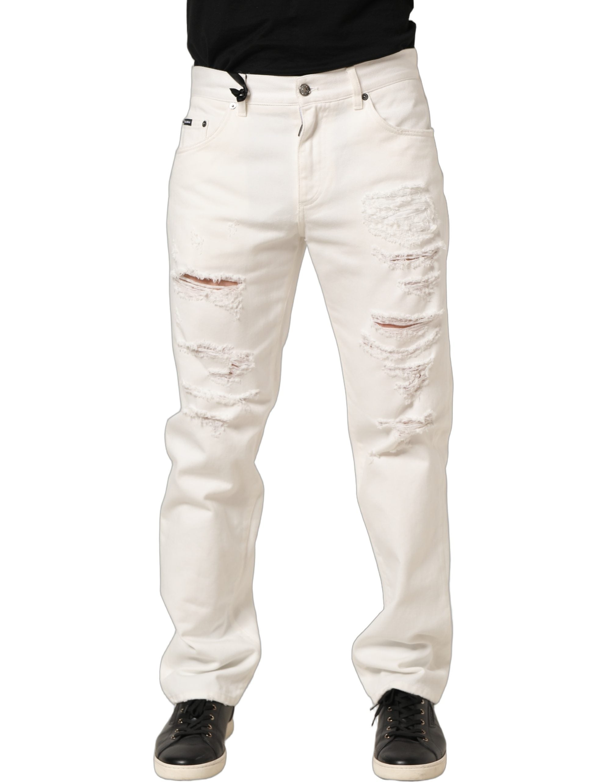 Dolce & Gabbana White Cotton Distressed Straight Denim Jeans
