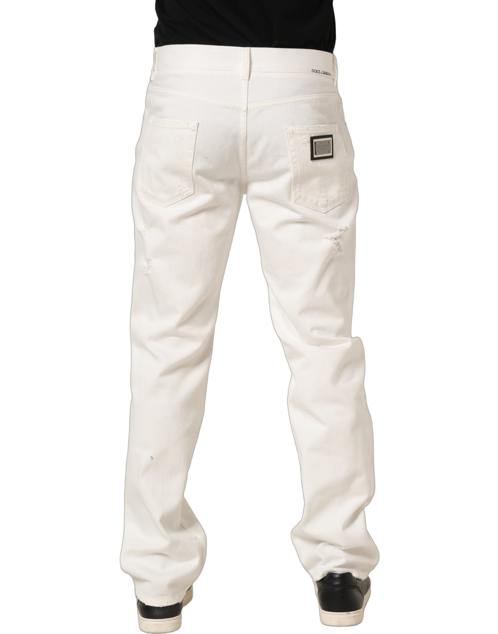 Dolce & Gabbana White Cotton Distressed Straight Denim Jeans