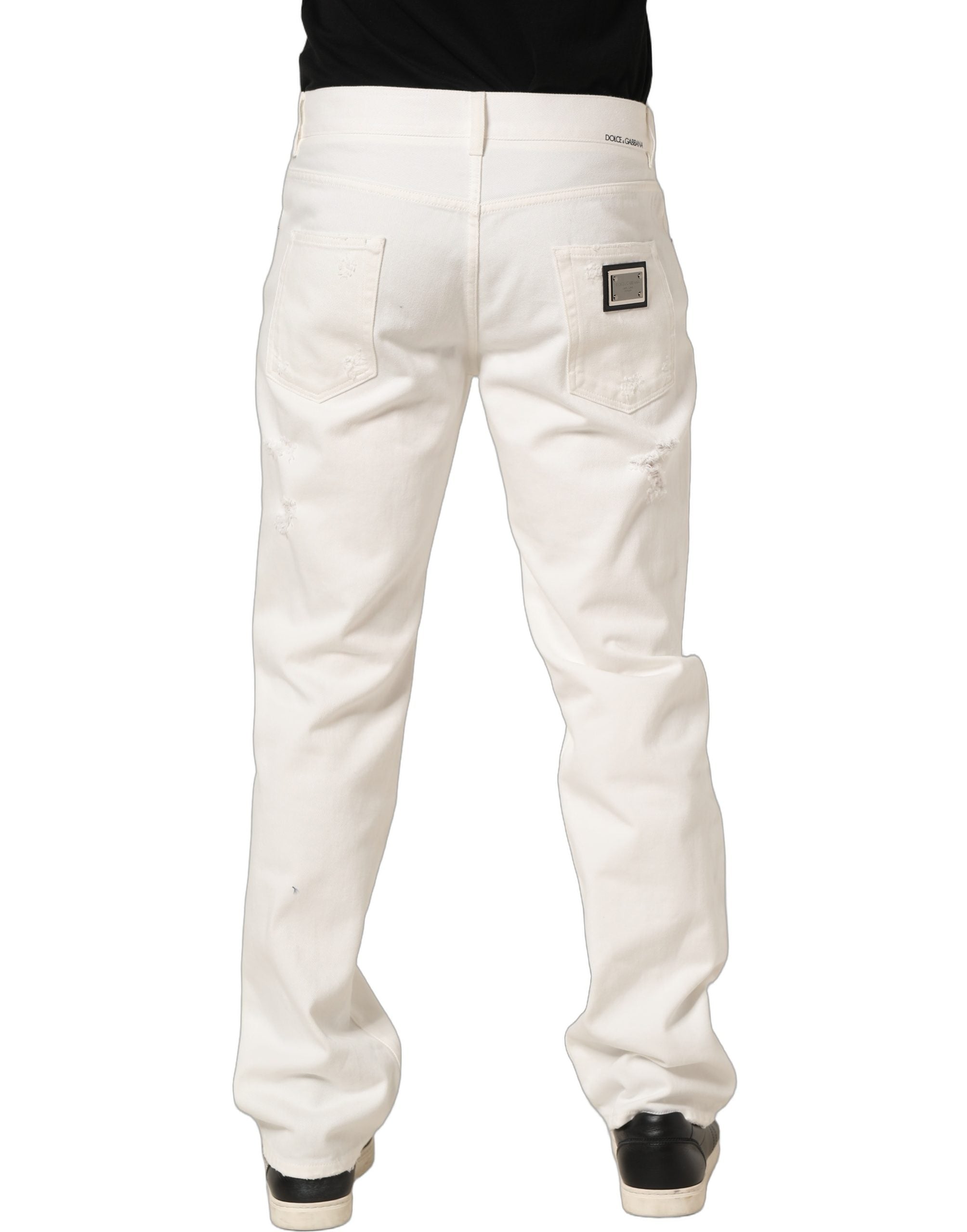 Dolce & Gabbana White Cotton Distressed Straight Denim Jeans