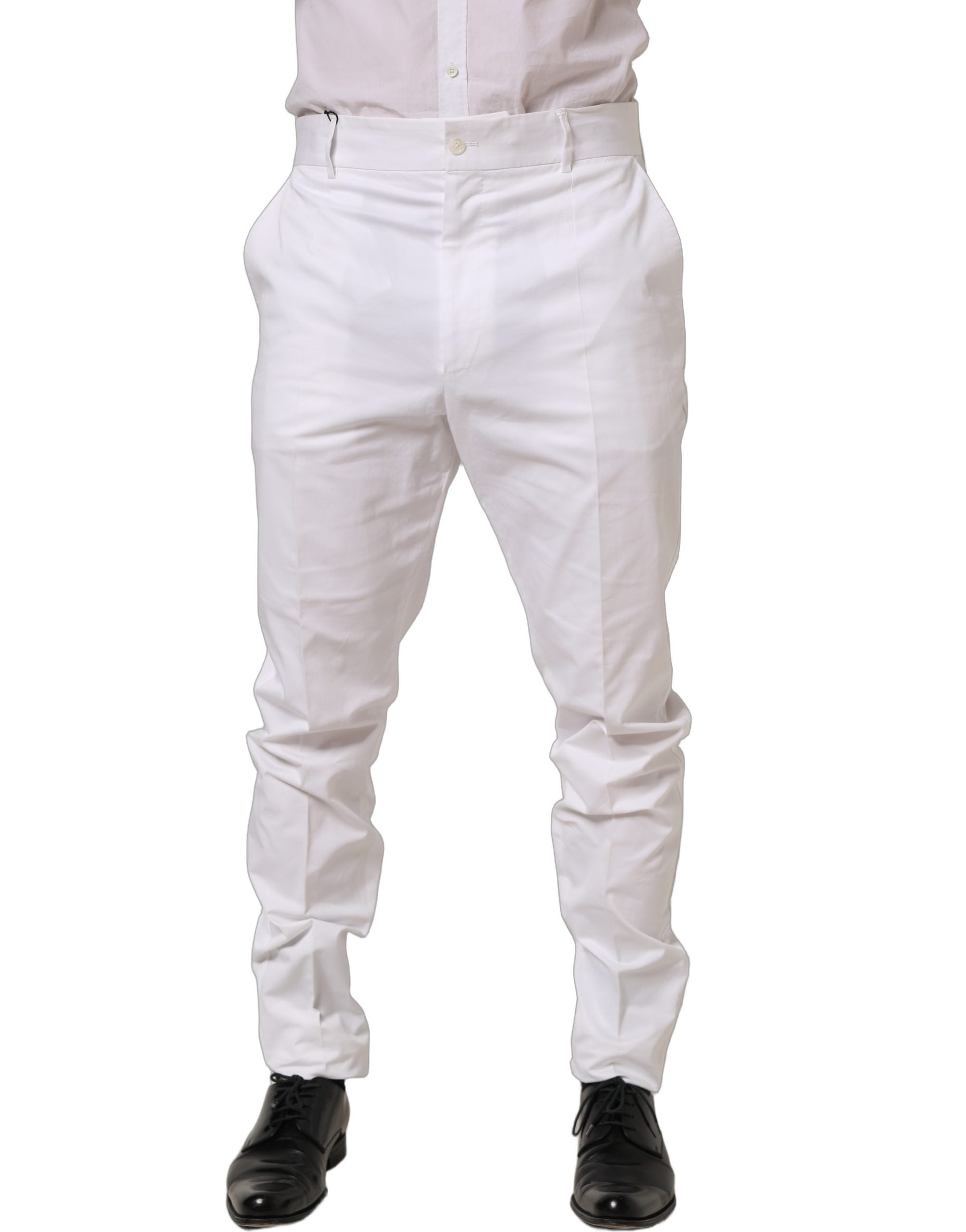 Dolce & Gabbana White Cotton Tapered Leg Dress Trouser Pants