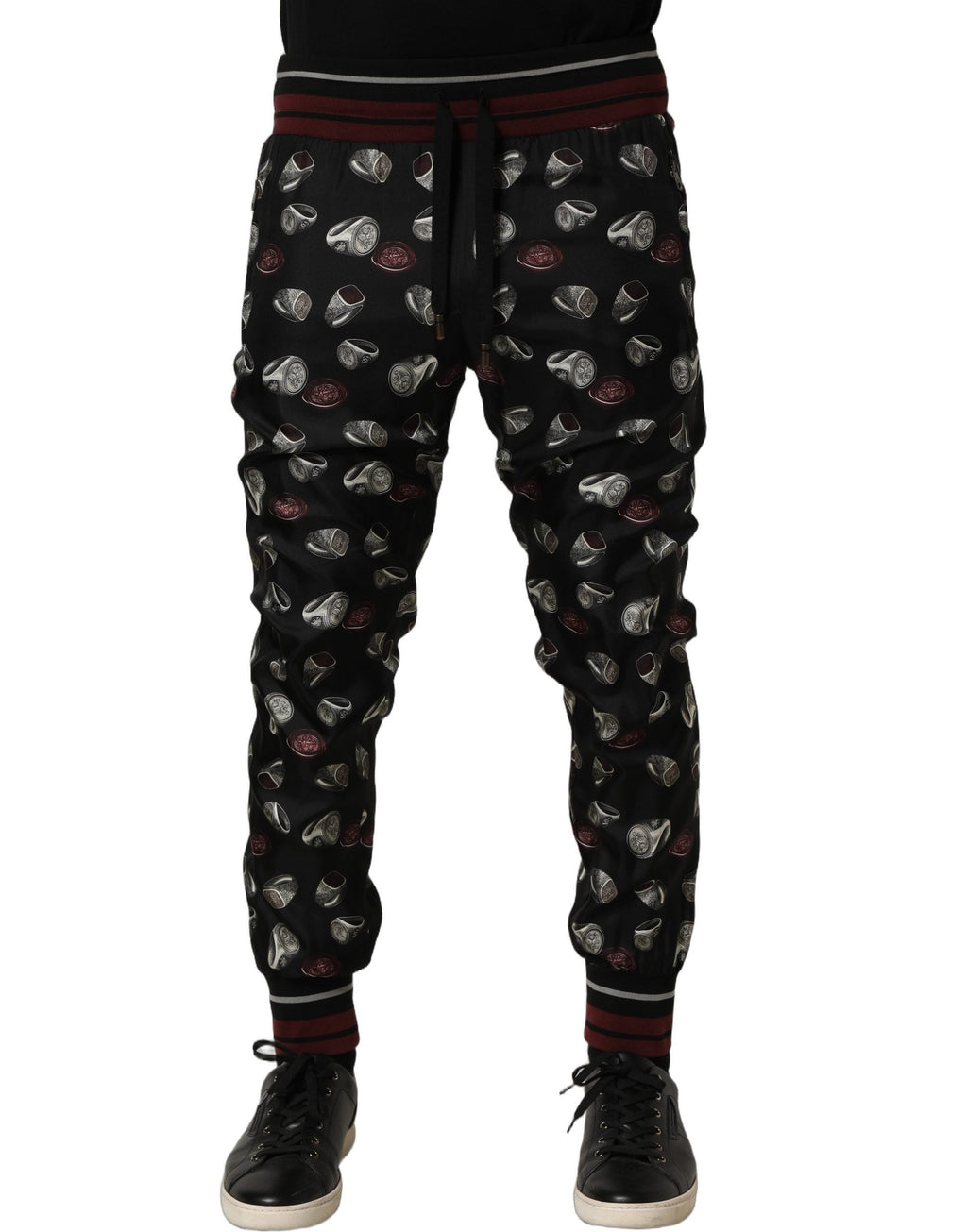 Dolce & Gabbana Pants Black Ring Print Silk Jogging Trousers