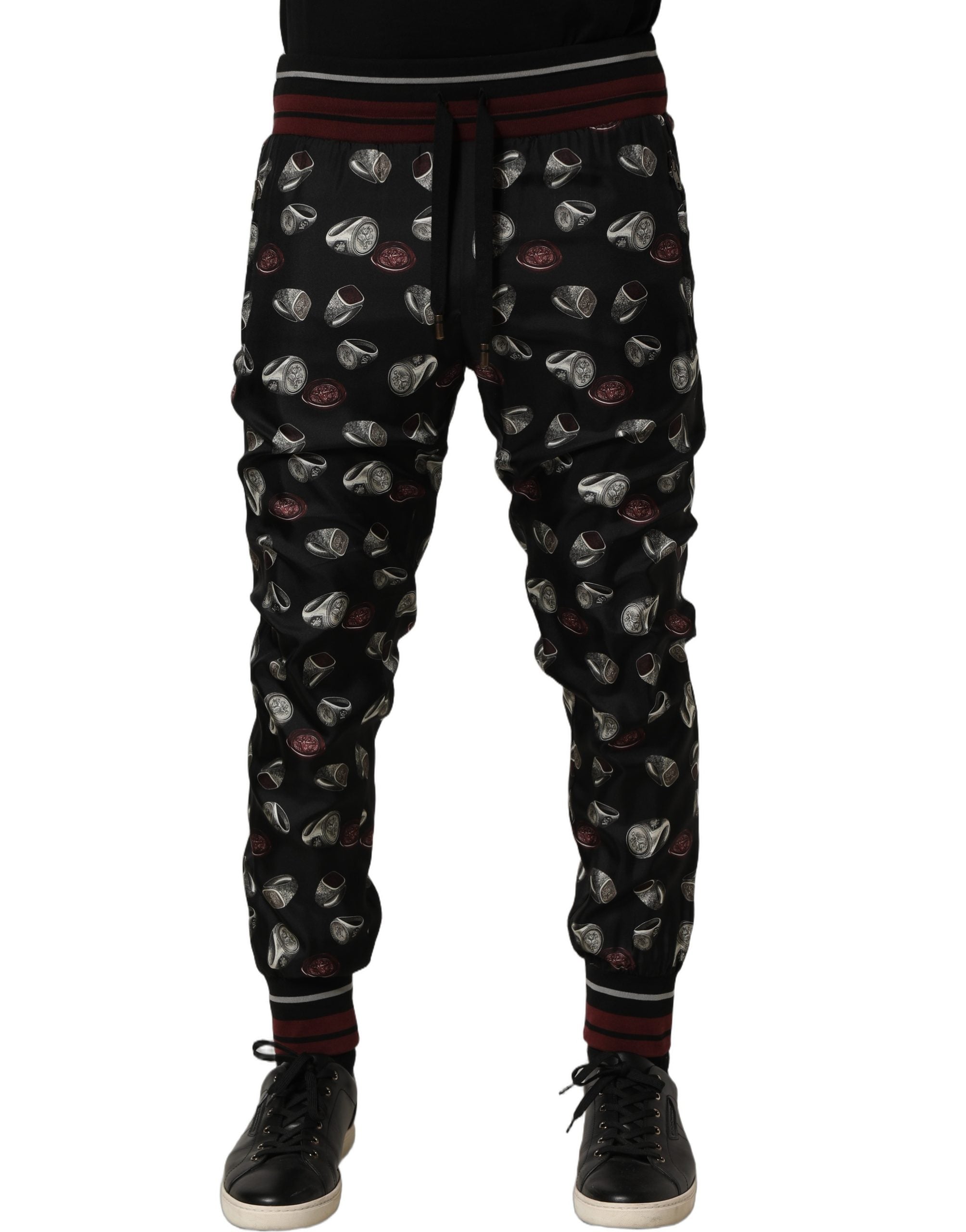 Dolce & Gabbana Pants Black Ring Print Silk Jogging Trousers