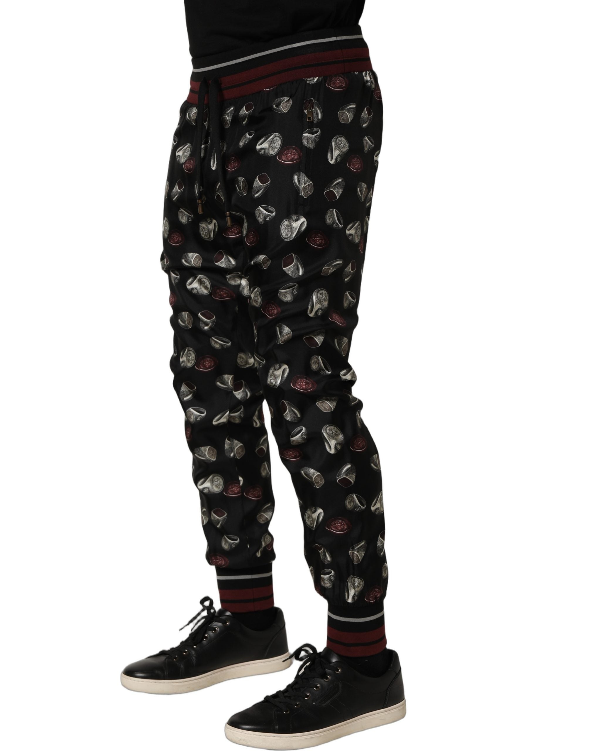 Dolce & Gabbana Pants Black Ring Print Silk Jogging Trousers