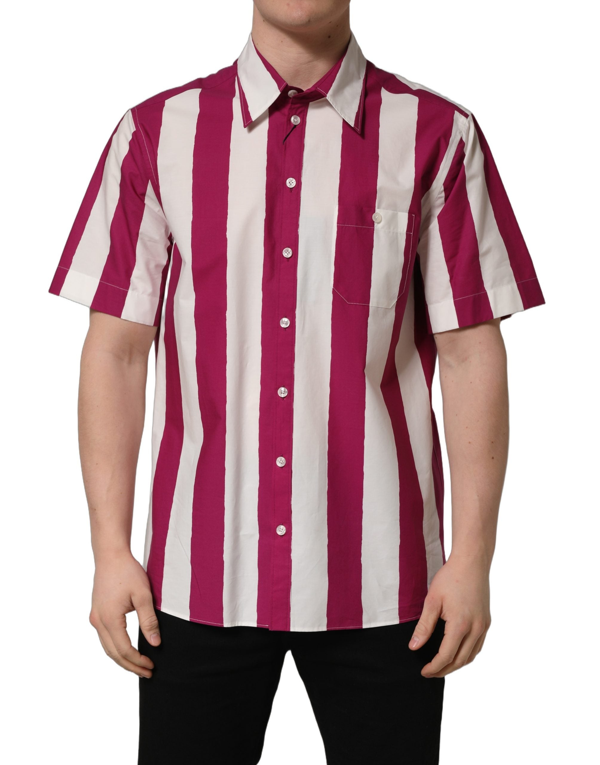 Dolce & Gabbana White Maroon Striped Men Short Sleeves Shirt