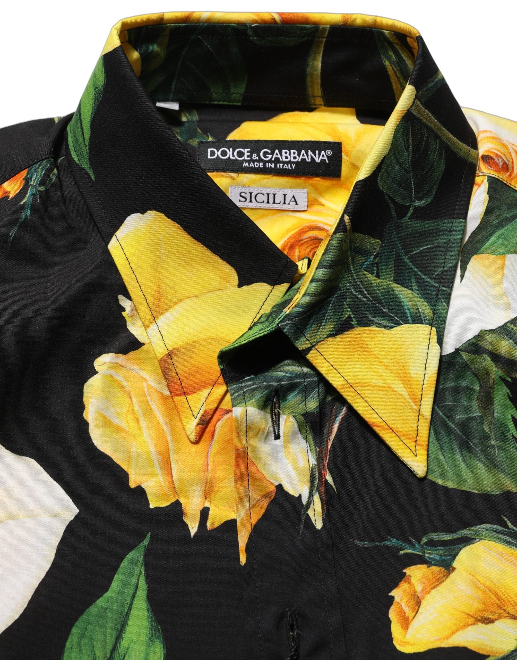 Dolce & Gabbana Black Floral Stretch Cotton SICILIA Fit Dress Shirt