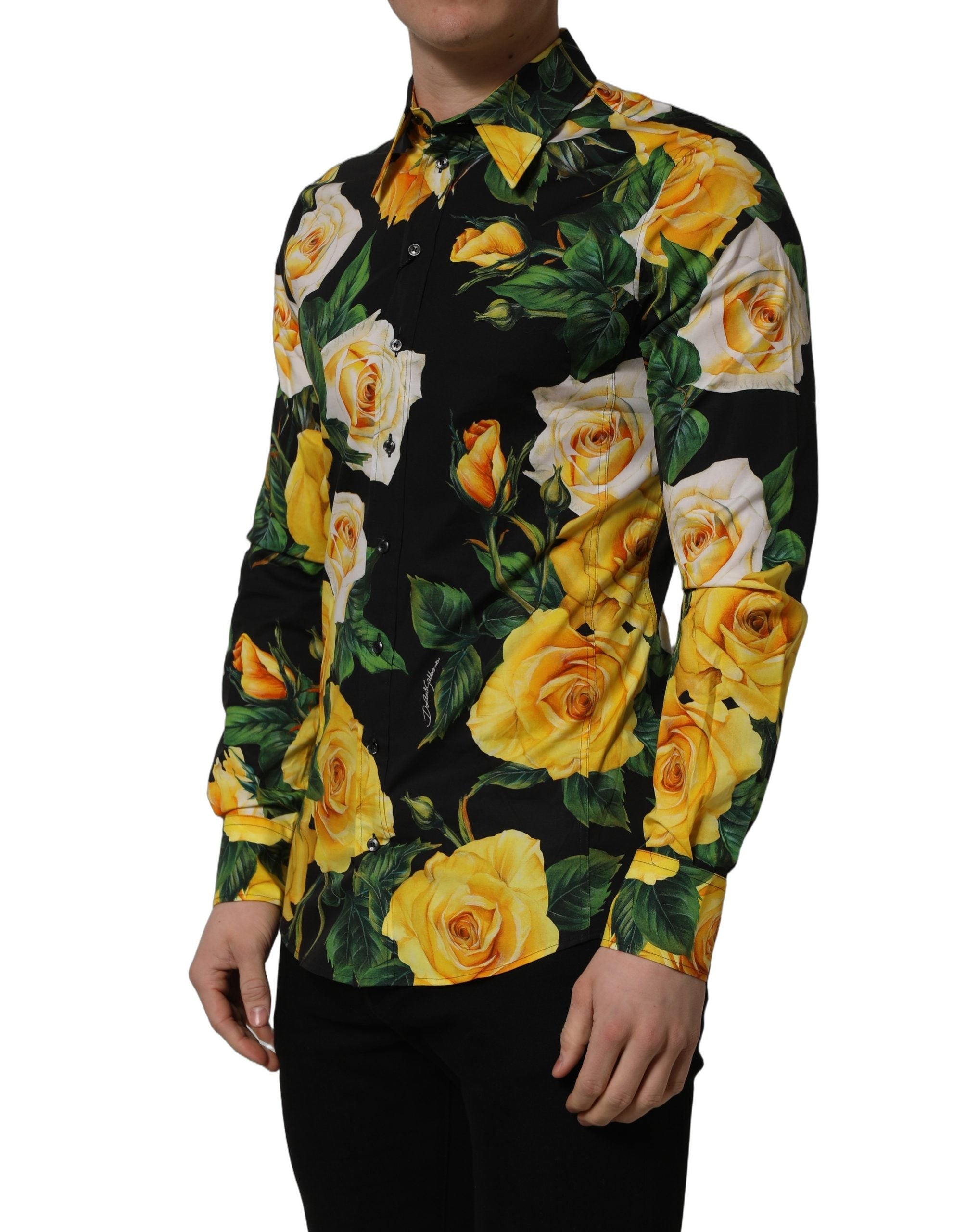 Dolce & Gabbana Black Floral Stretch Cotton SICILIA Fit Dress Shirt