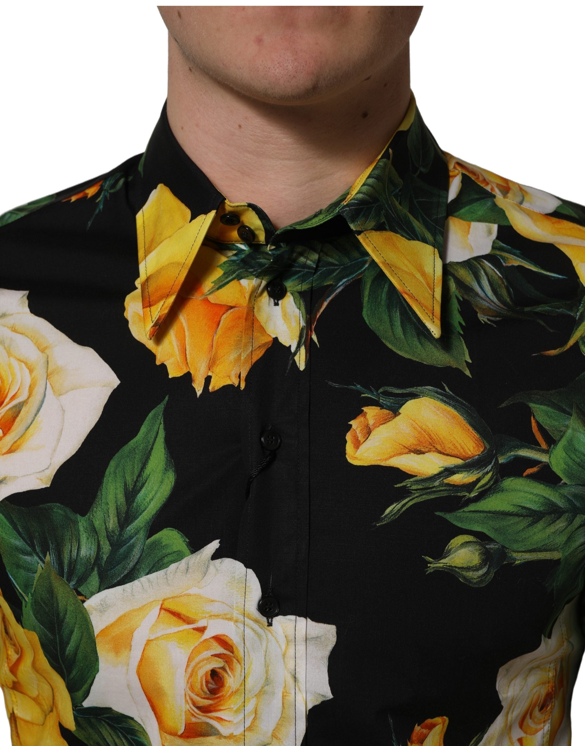 Dolce & Gabbana Black Floral Stretch Cotton SICILIA Fit Dress Shirt
