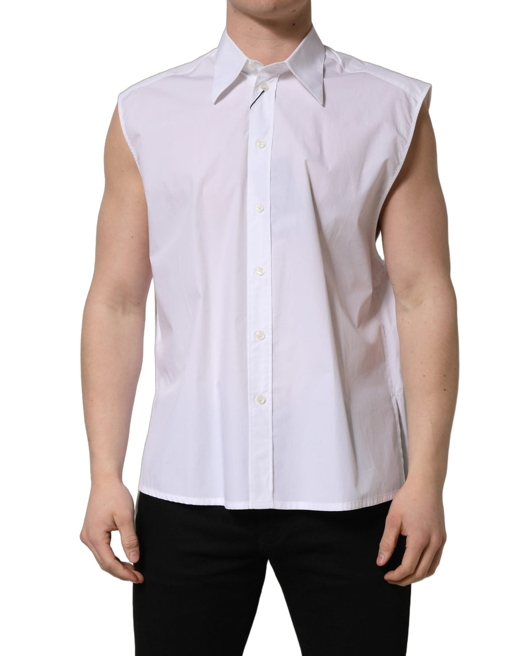 Dolce & Gabbana White Cotton Sleeveless Formal Dress Shirt