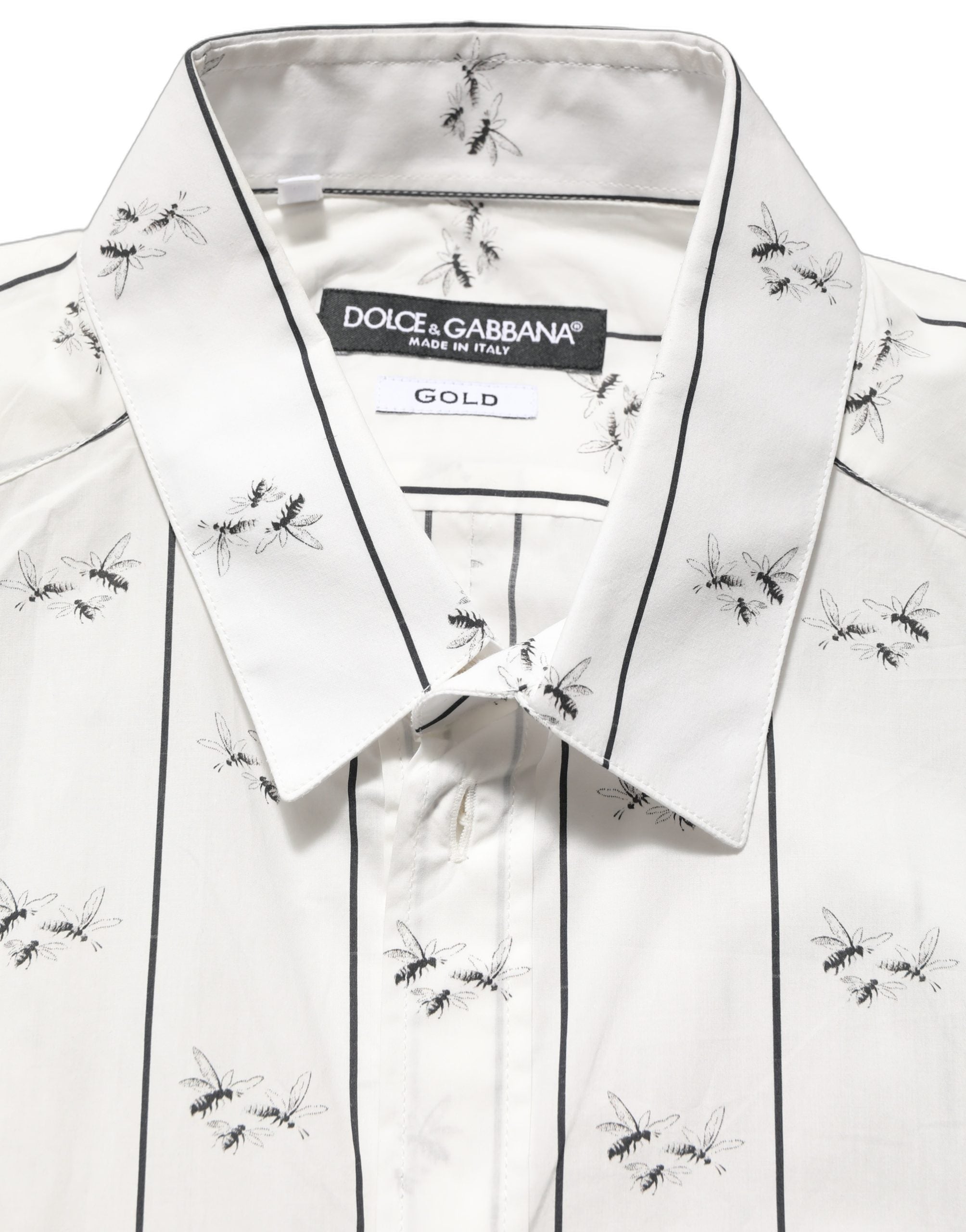 Dolce & Gabbana White Bee Print Cotton GOLD Fit Dress Shirt