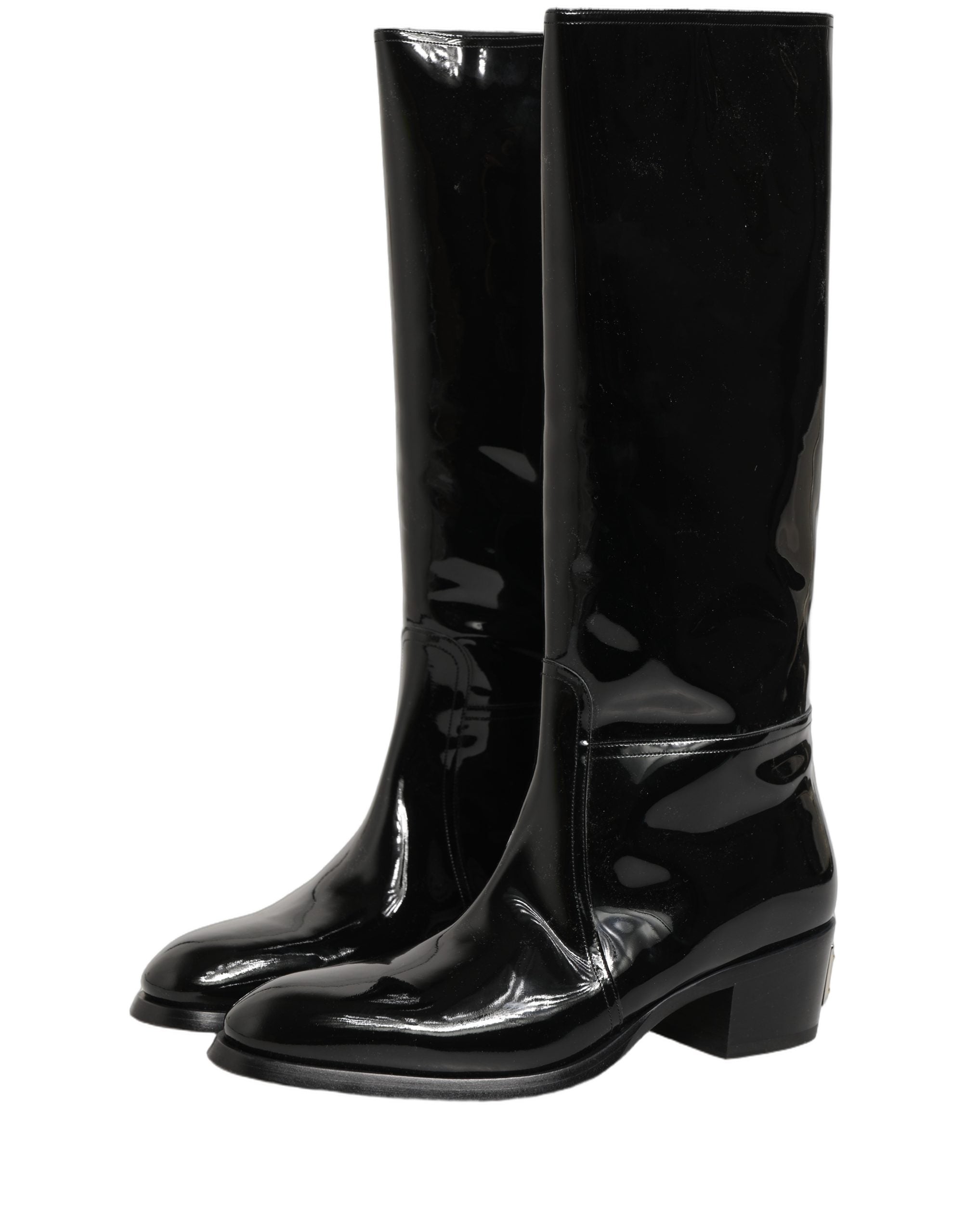 Dolce & Gabbana Black Leather Knee High Heels Boots Shoes