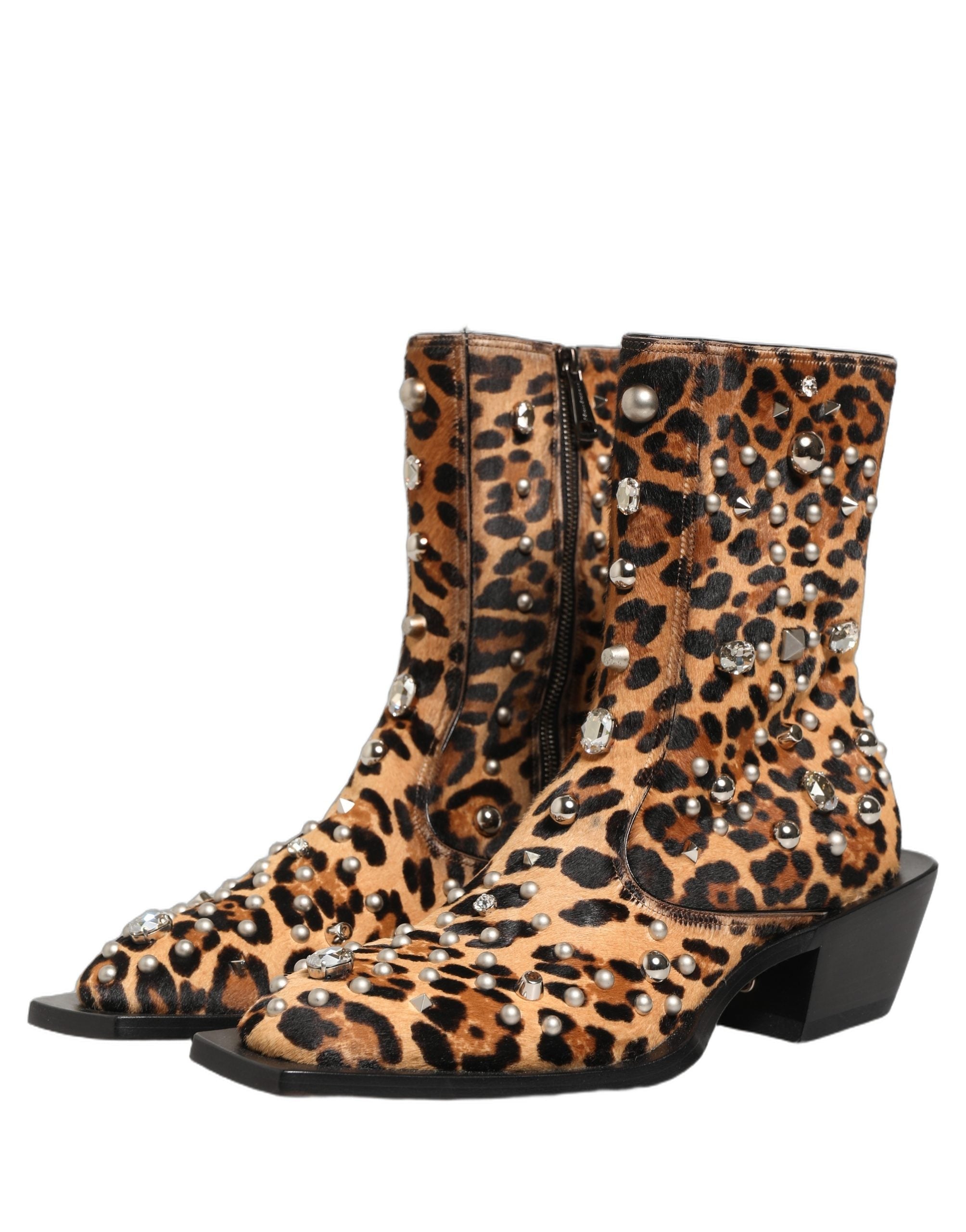 Dolce & Gabbana Brown Leopard Embellished Mid Calf Men Boots Shoes
