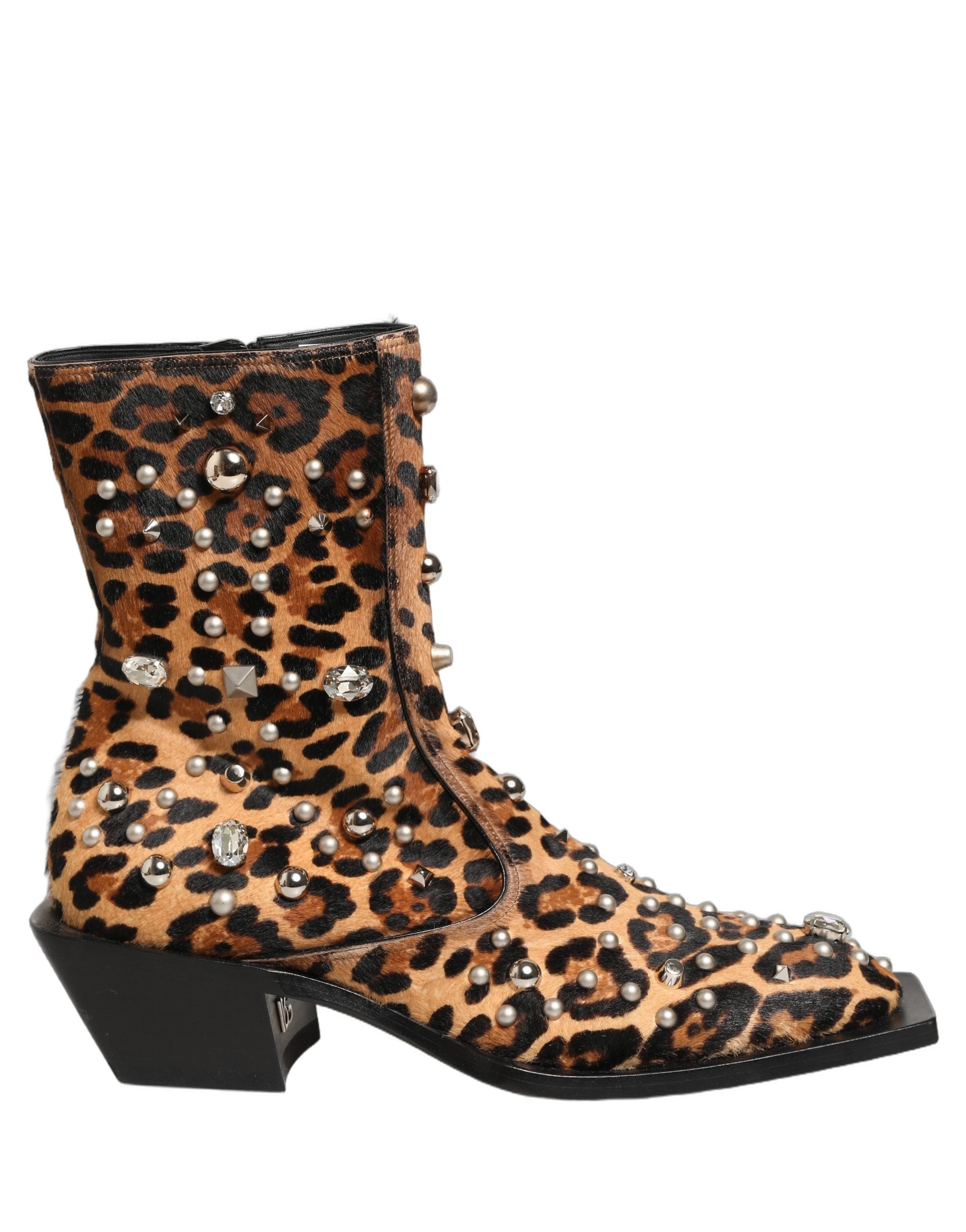 Dolce & Gabbana Brown Leopard Embellished Mid Calf Men Boots Shoes