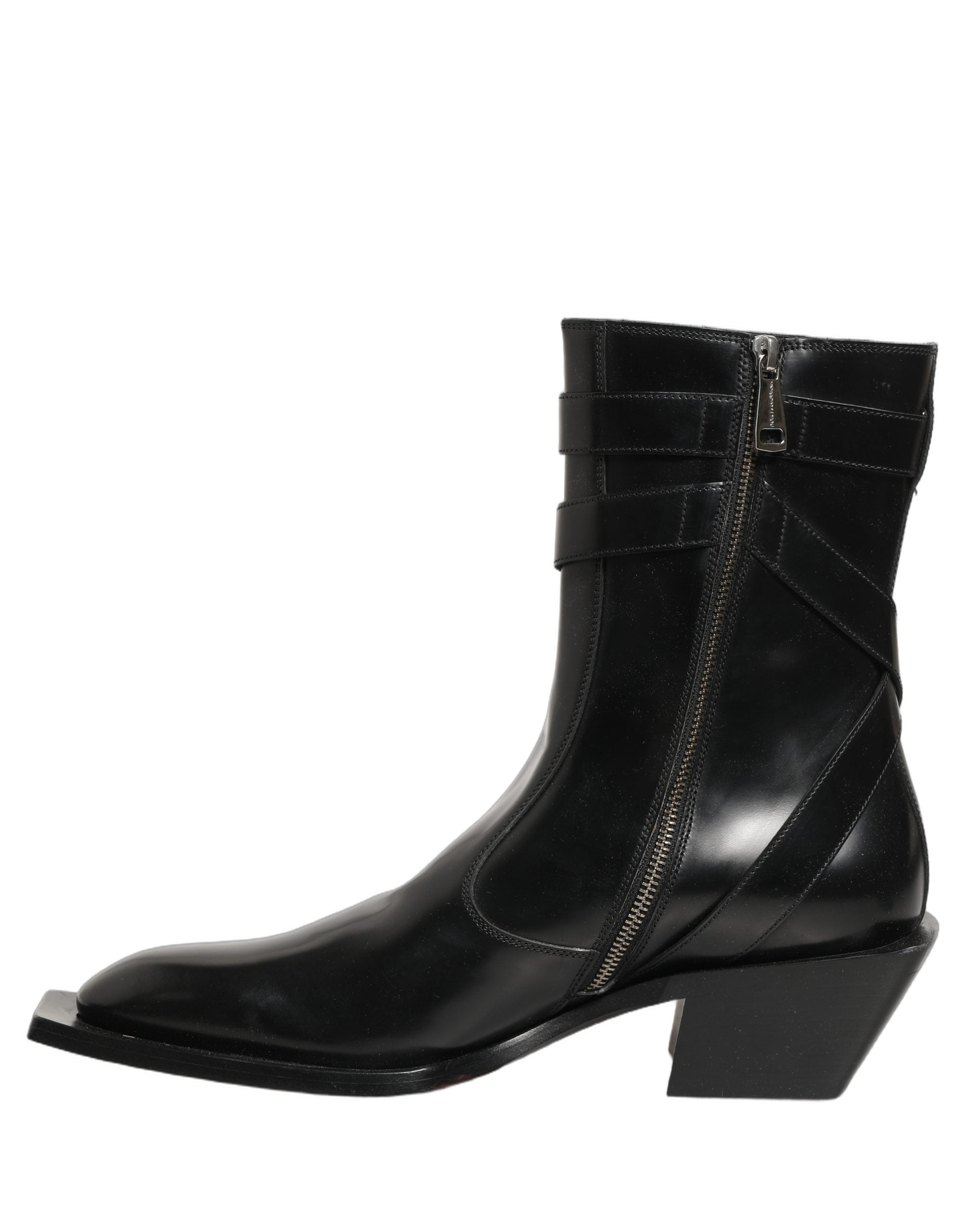 Dolce & Gabbana Black Leather DG Plaque Mid Calf Boots Shoes