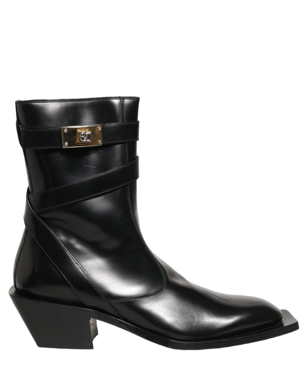 Dolce & Gabbana Black Leather DG Plaque Mid Calf Boots Shoes