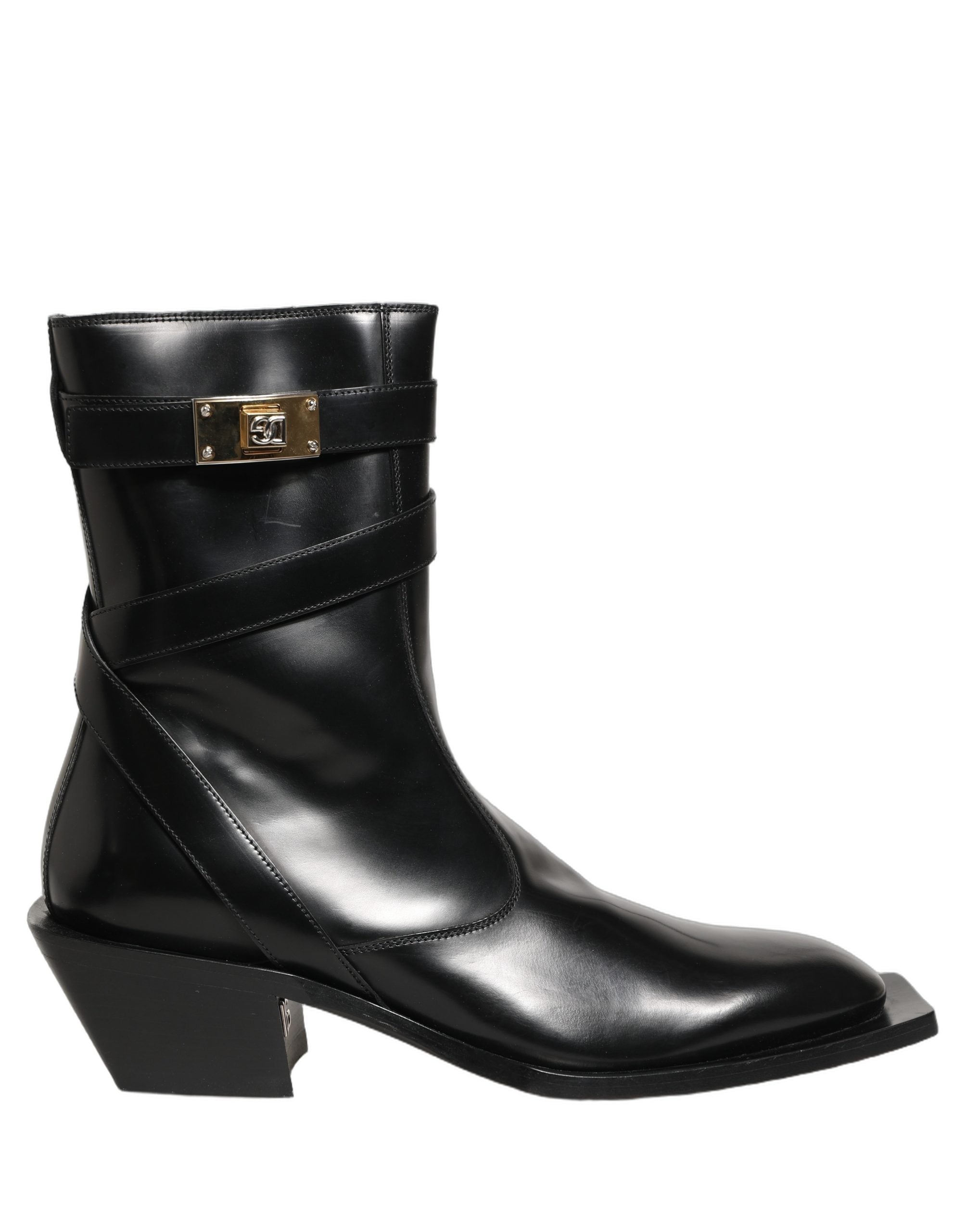 Dolce & Gabbana Black Leather DG Plaque Mid Calf Boots Shoes