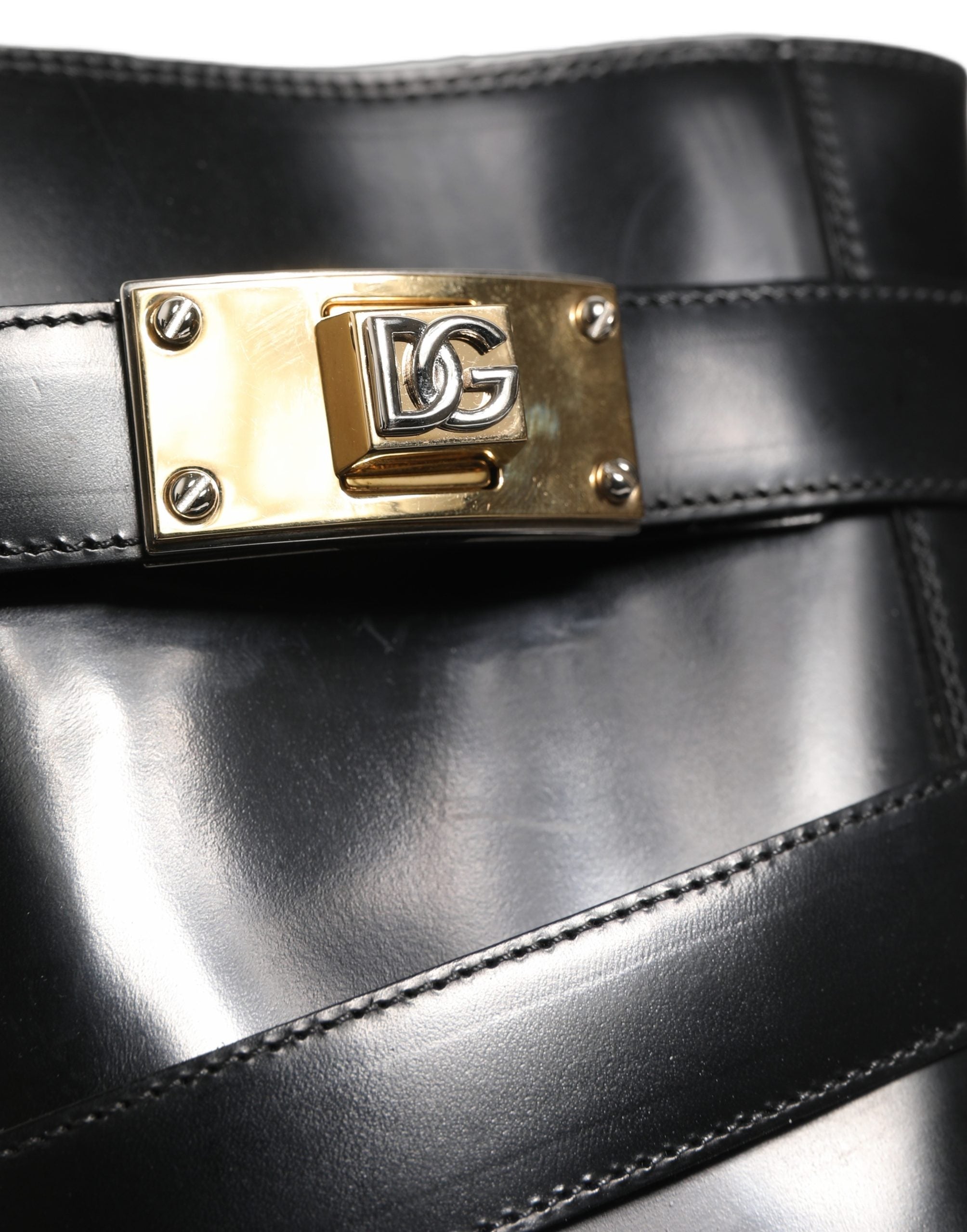 Dolce & Gabbana Black Leather DG Plaque Mid Calf Boots Shoes